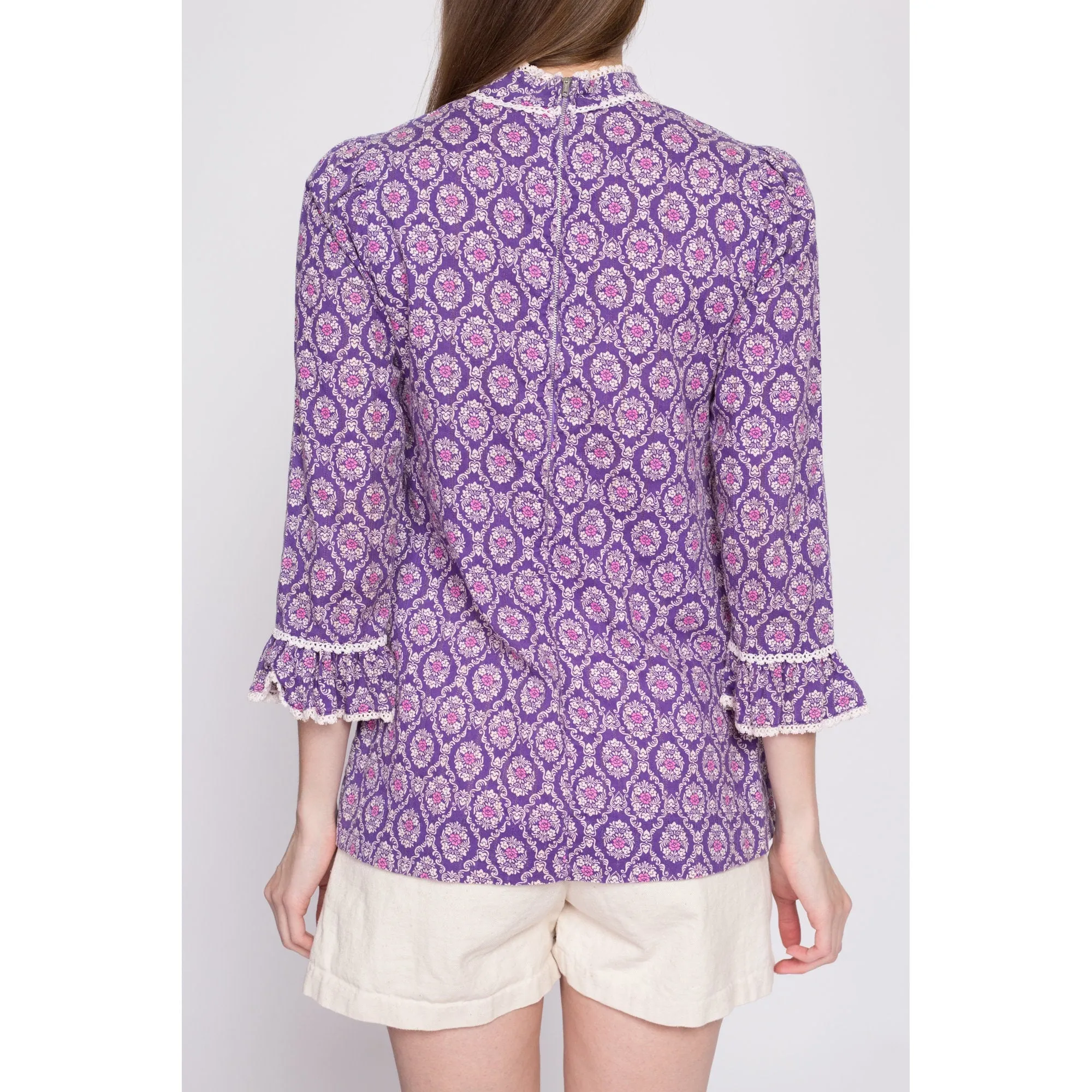 1960s Purple Floral Tunic Top - Extra Small