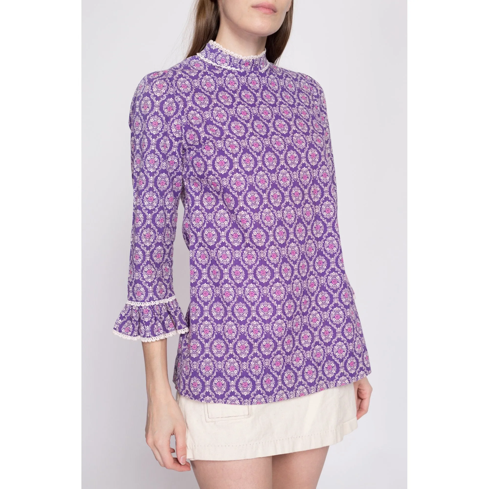 1960s Purple Floral Tunic Top - Extra Small