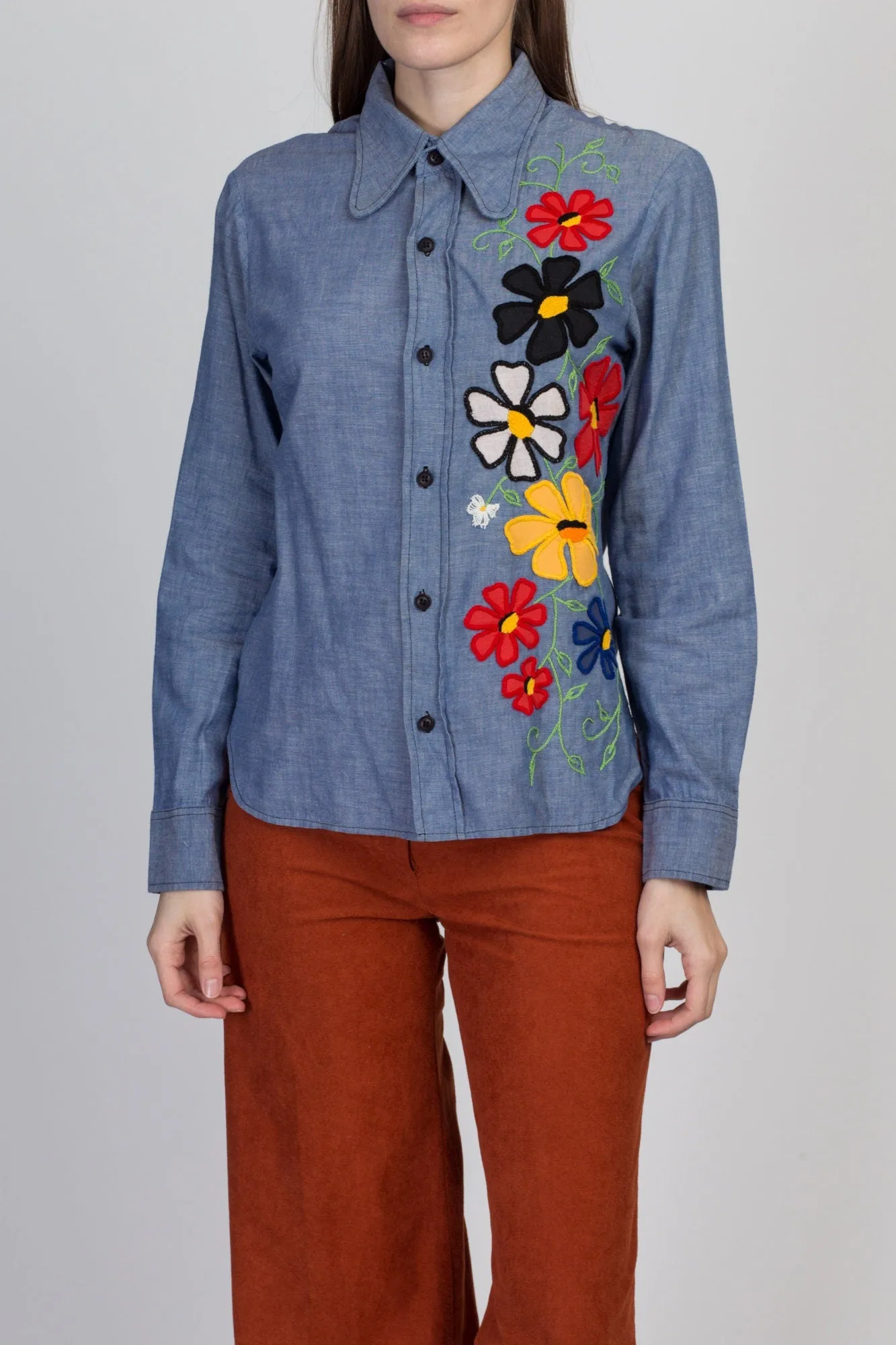 70s Boho Chambray Floral Embroidered Shirt - Medium