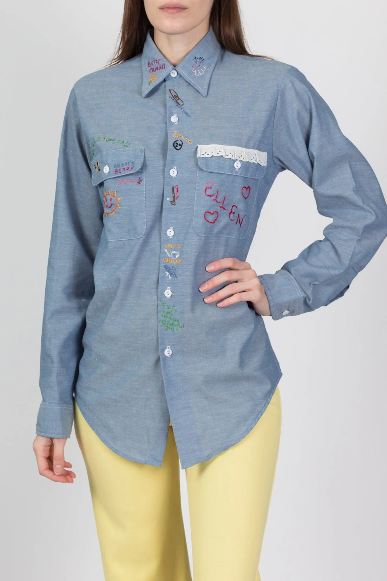 70s California Girl Chambray Embroidered Shirt - Medium