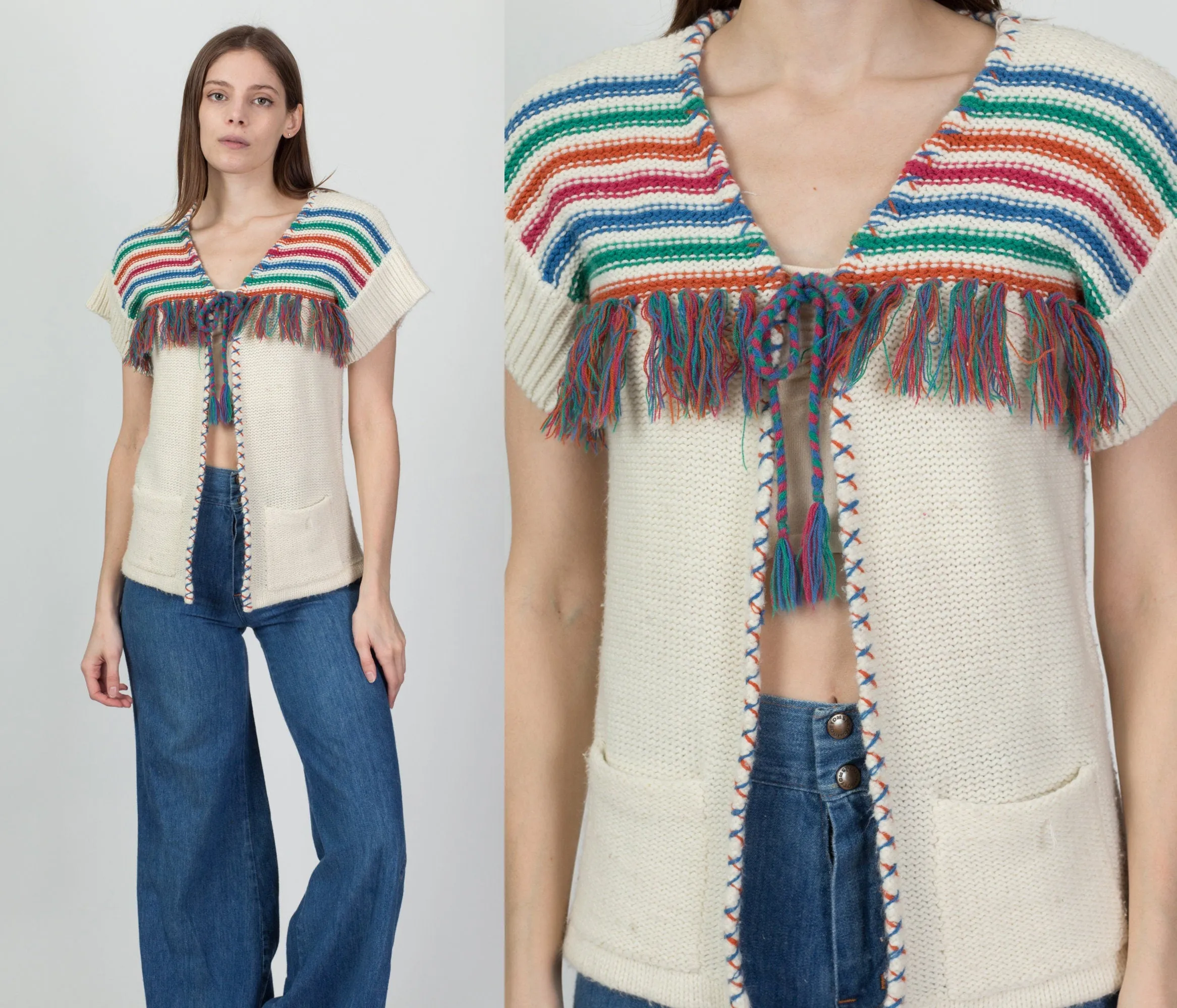 70s Striped Fringe Knit Top - Small