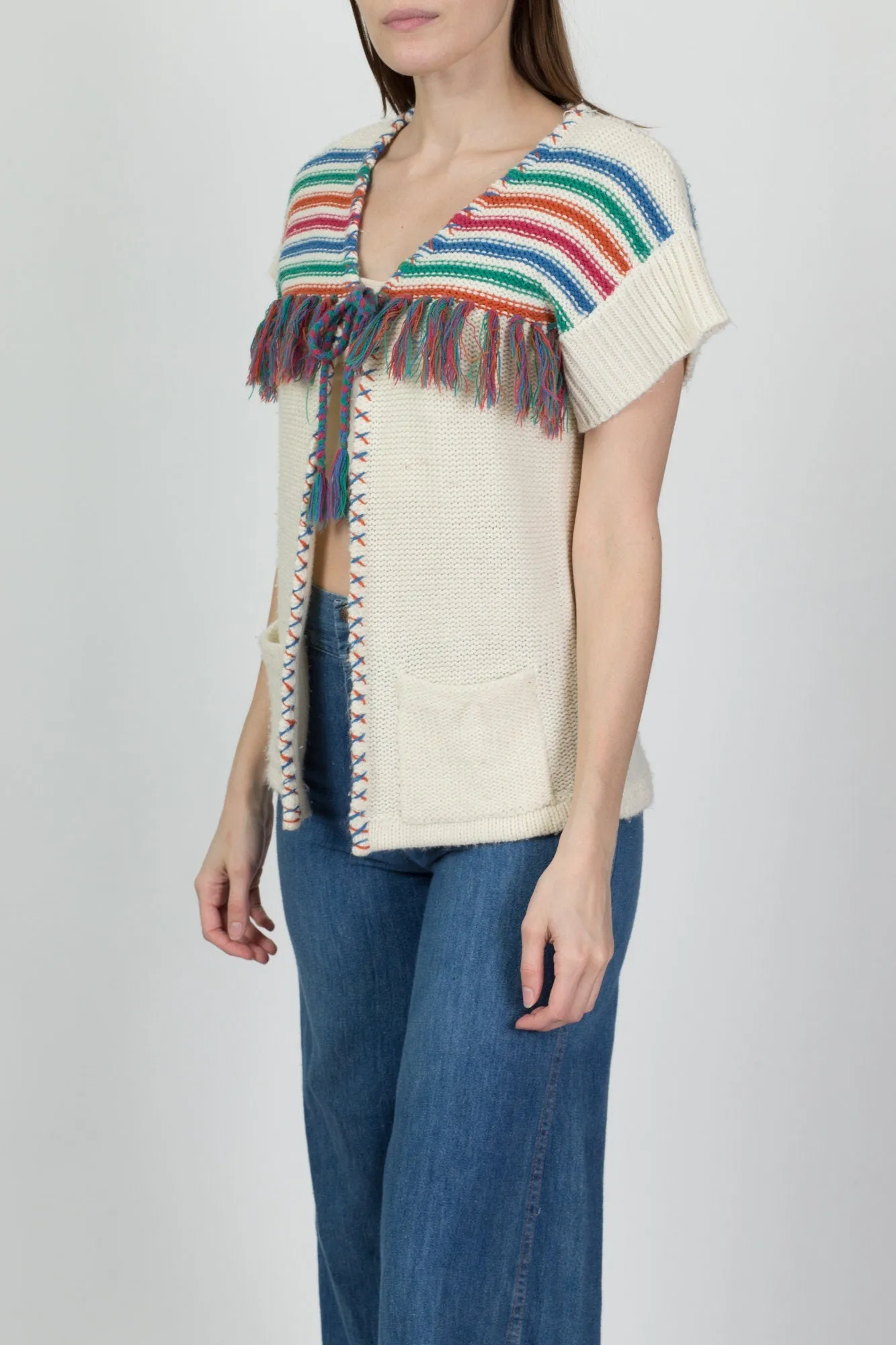 70s Striped Fringe Knit Top - Small