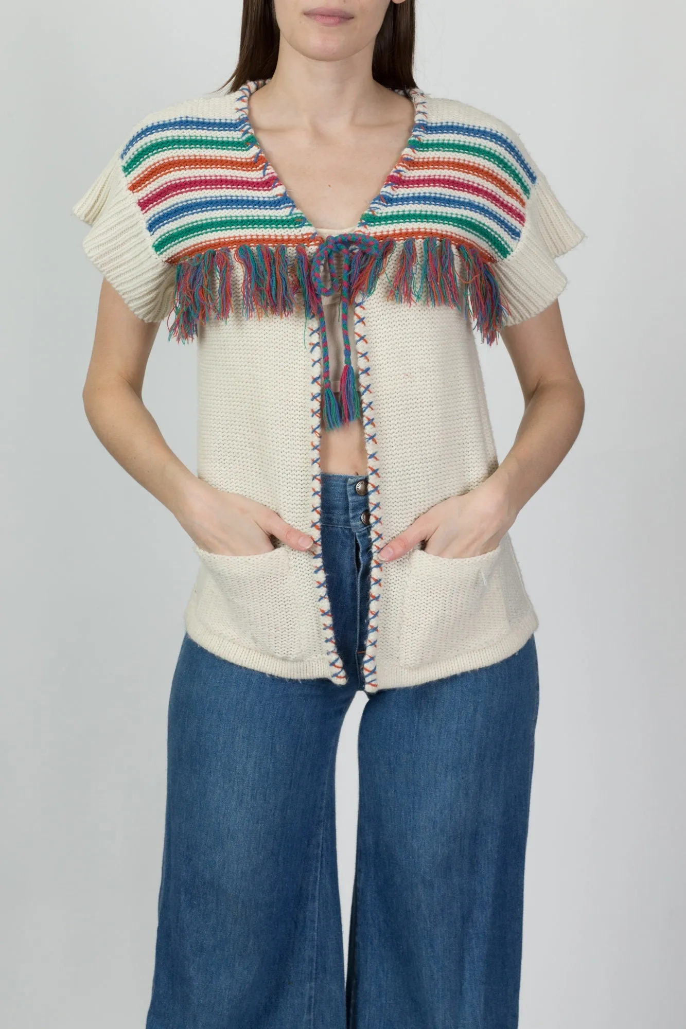 70s Striped Fringe Knit Top - Small