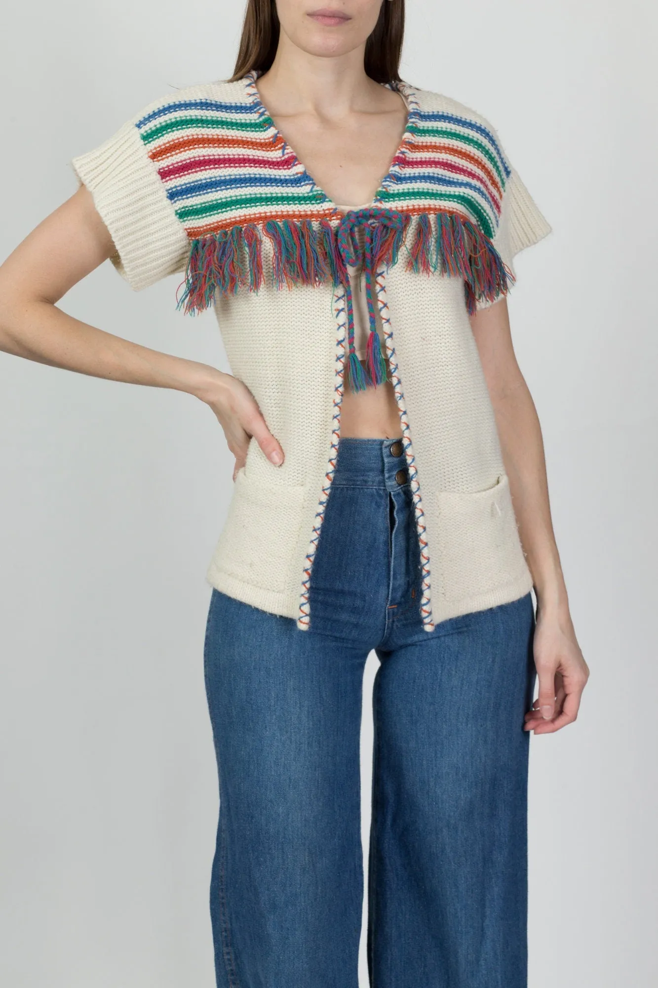 70s Striped Fringe Knit Top - Small