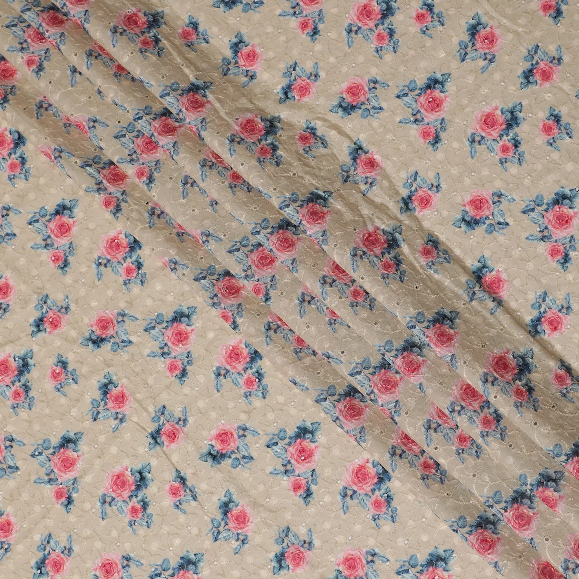 Beige blended Cotton Lawn Fabric with Pink and Blue Floral Embroidery - 110 cm Wide - D19593