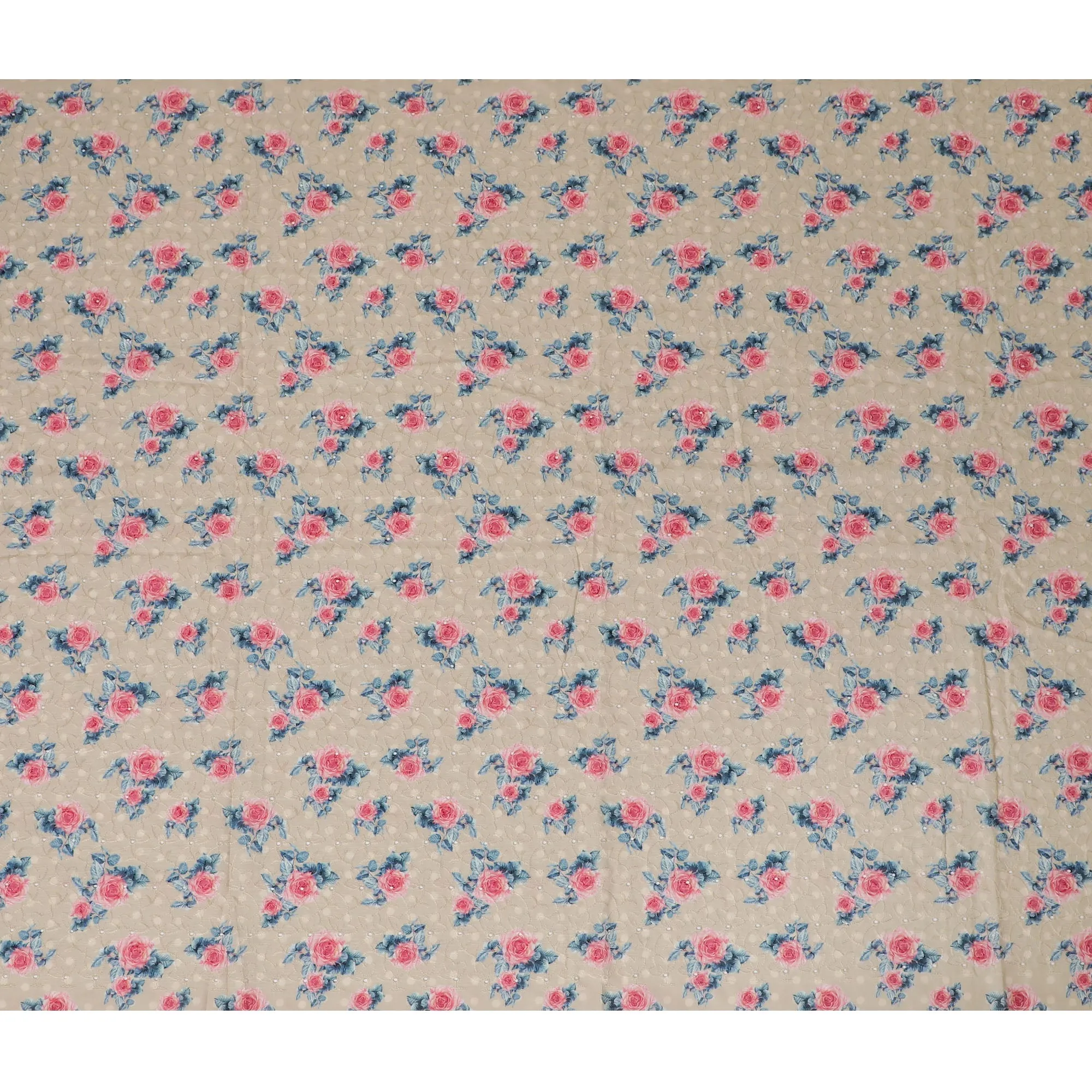 Beige blended Cotton Lawn Fabric with Pink and Blue Floral Embroidery - 110 cm Wide - D19593