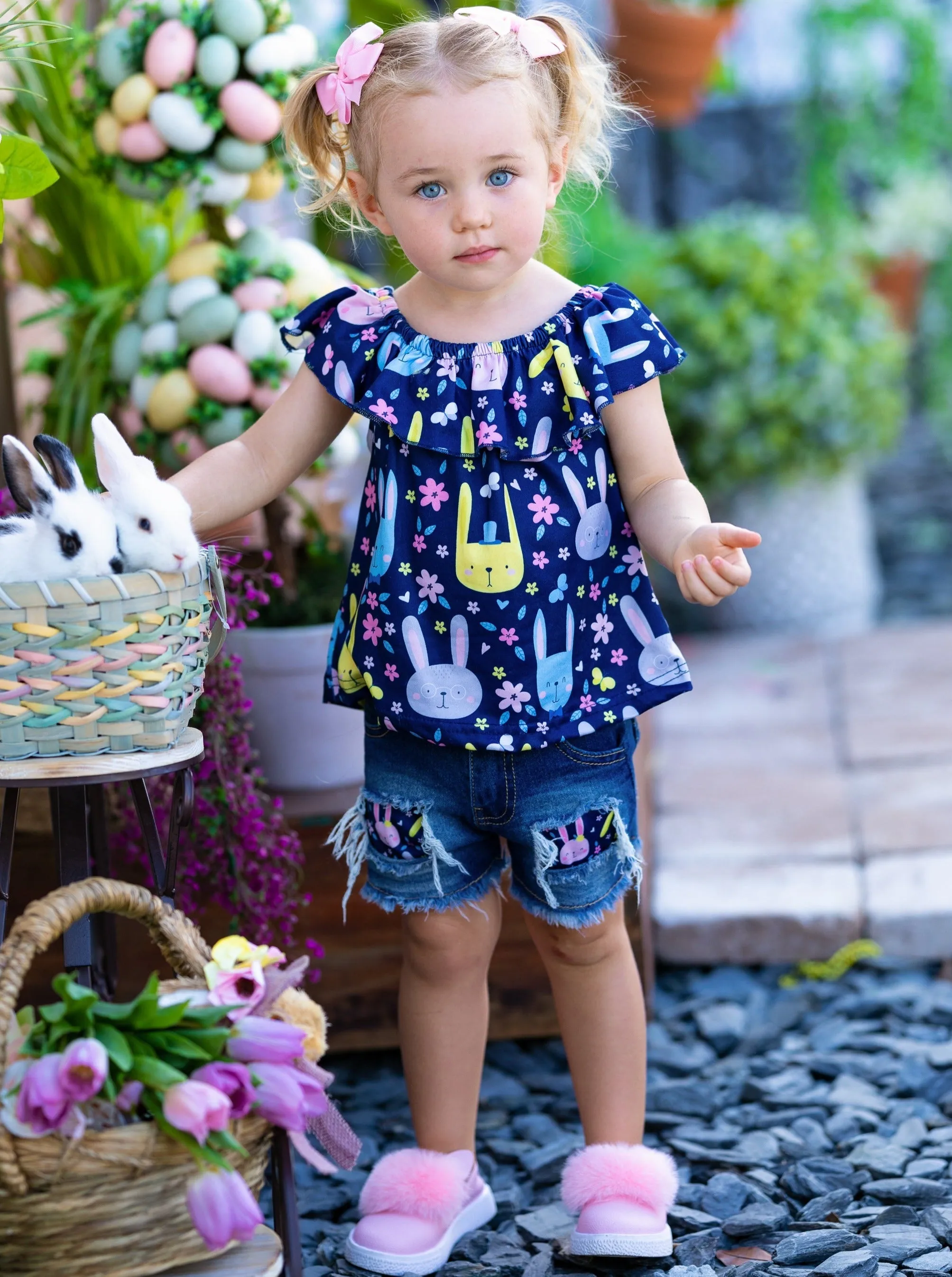 Bunny Blossoms Patched Denim Shorts Set