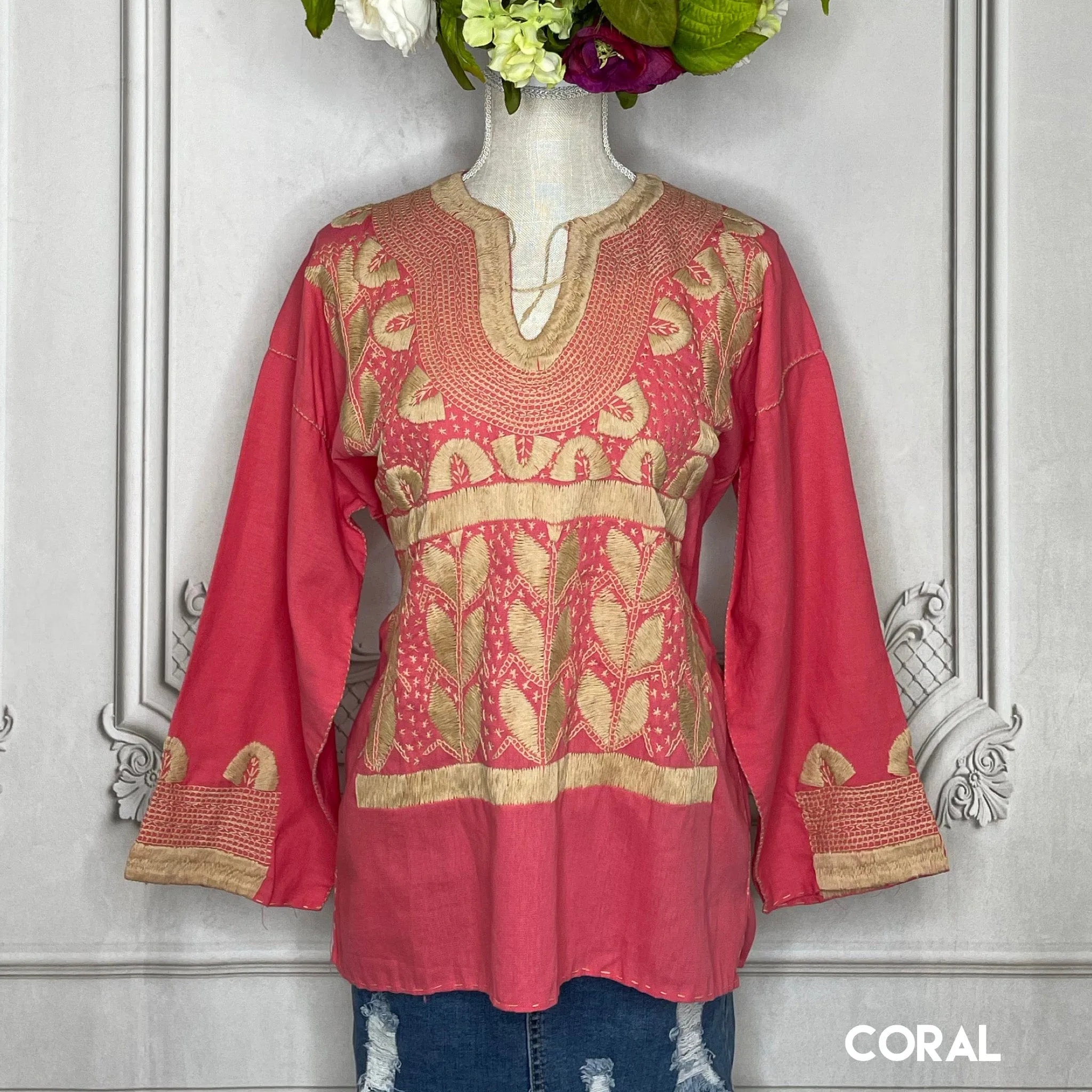 Corn Motif Mexican Blouse 3/4 Sleeve - Two Tone