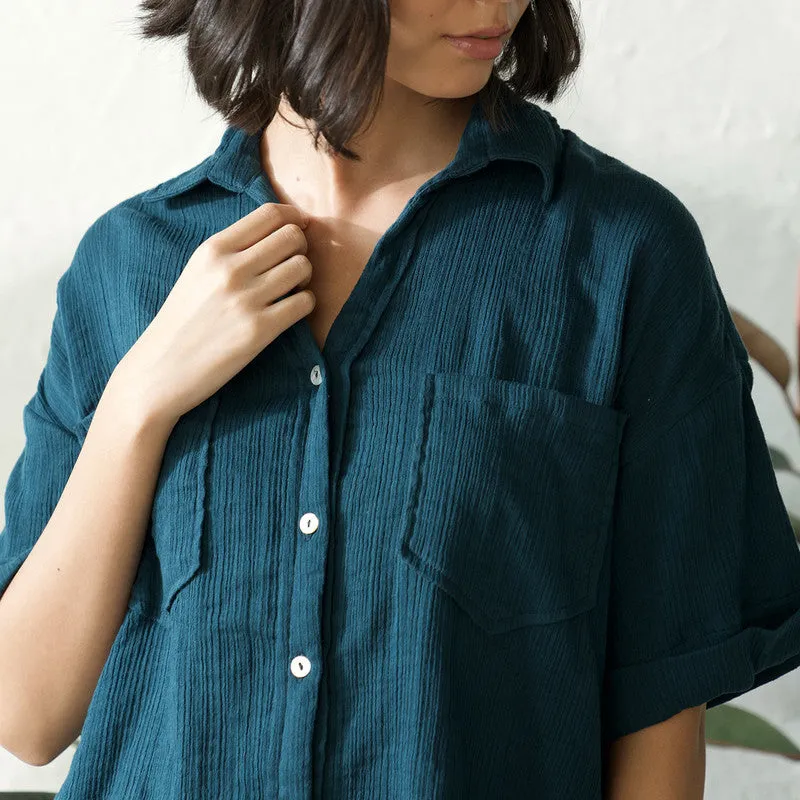 Cotton Solid Crop Shirt For Women | Blue