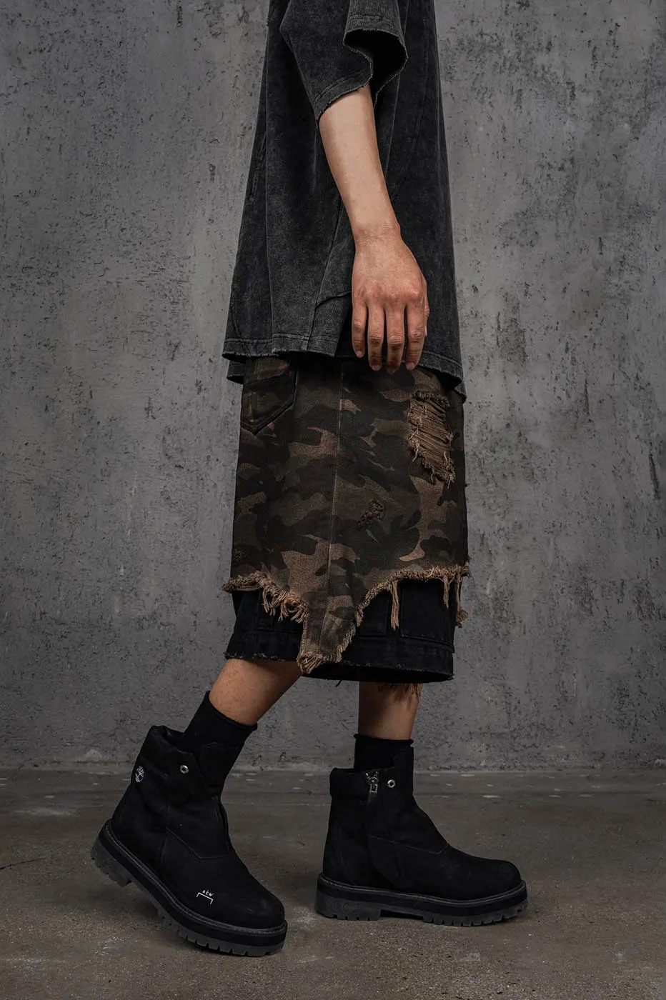 Double-Layered Shredded Camo Shorts