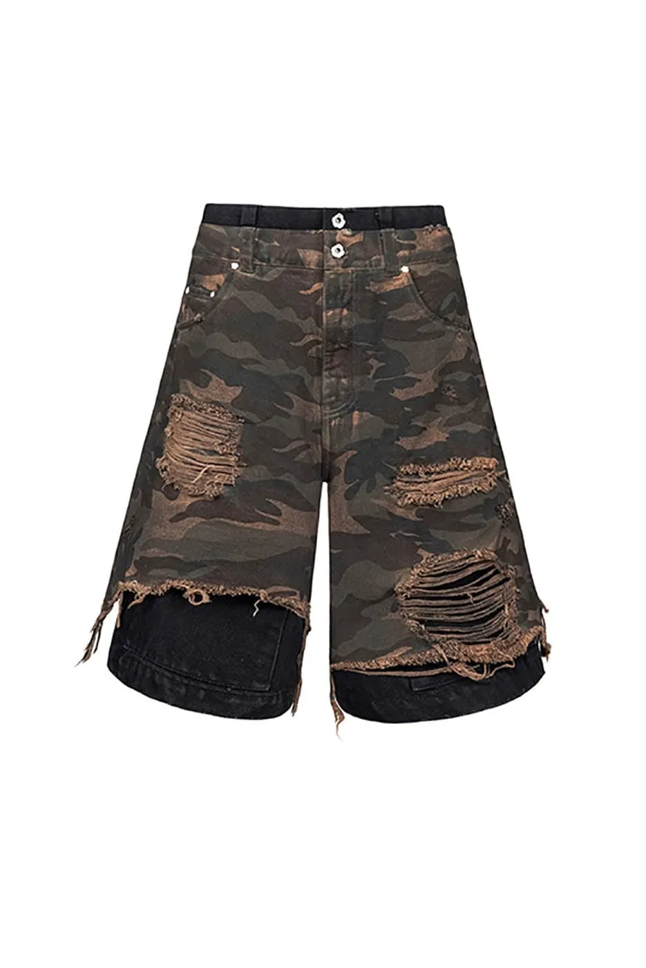 Double-Layered Shredded Camo Shorts