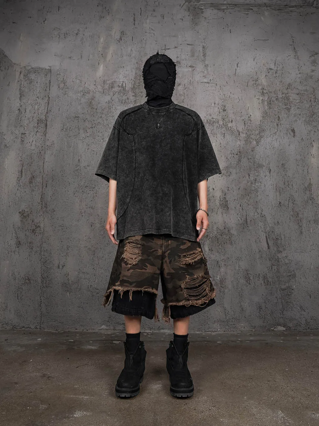 Double-Layered Shredded Camo Shorts