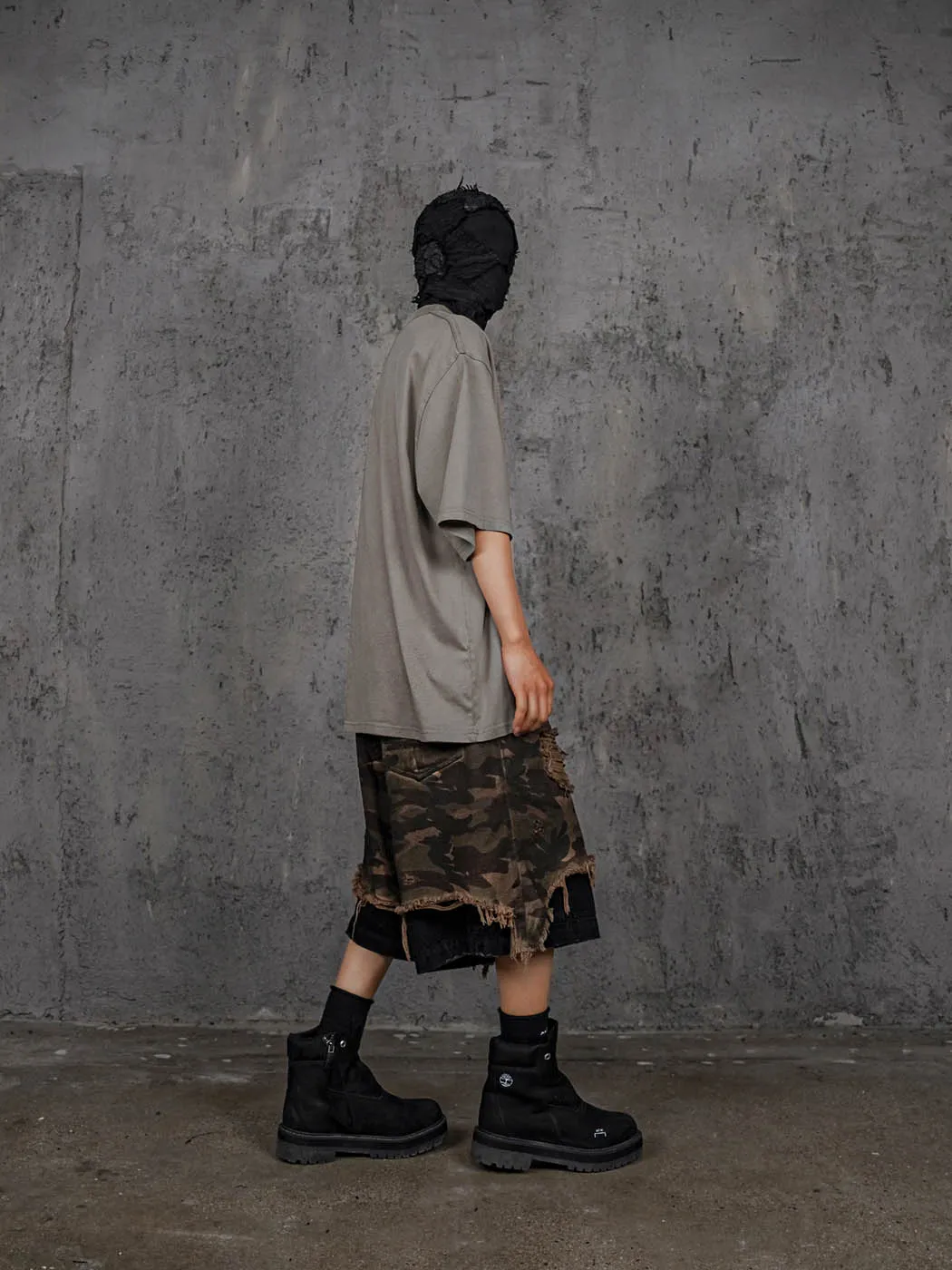 Double-Layered Shredded Camo Shorts