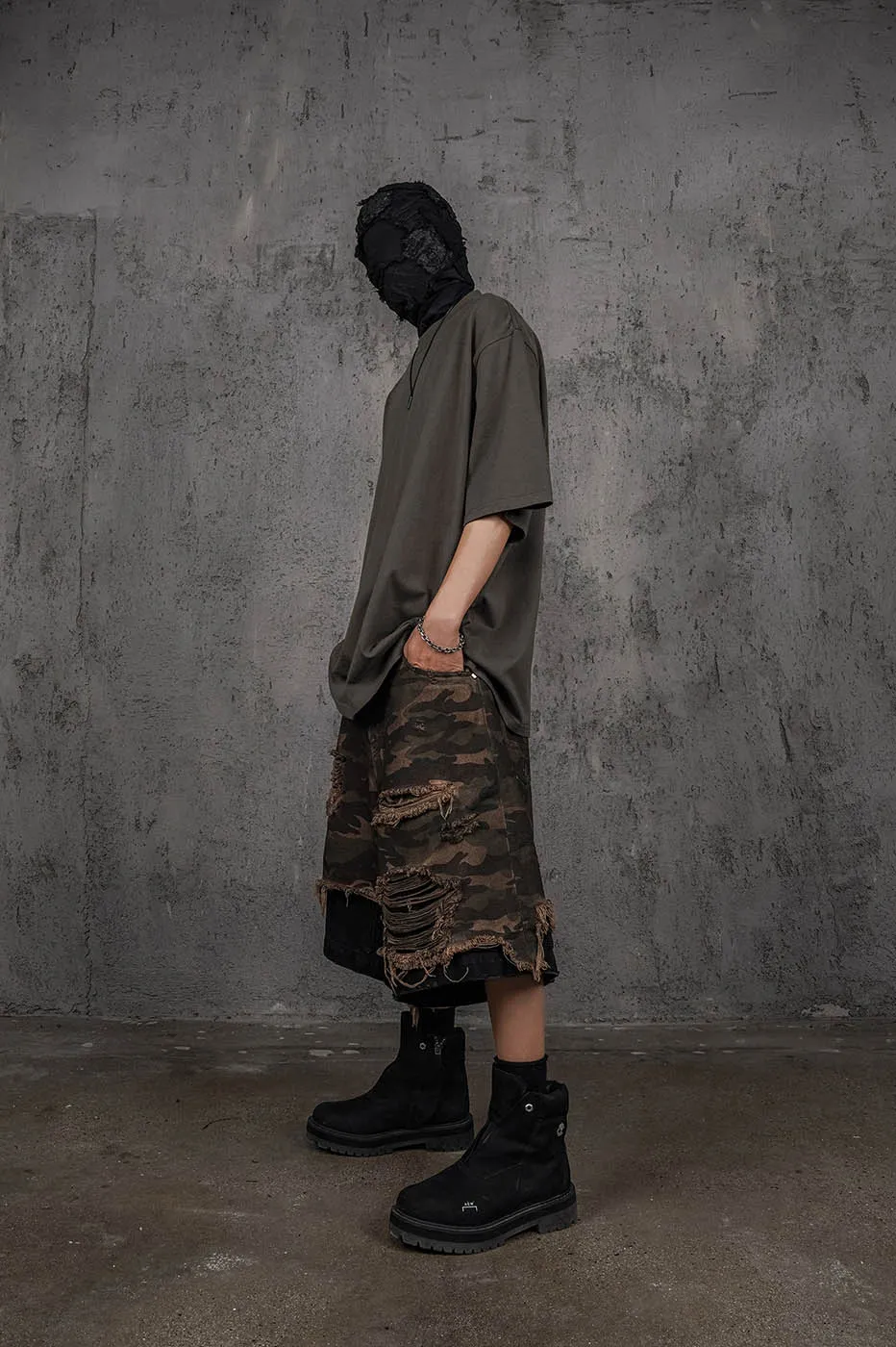 Double-Layered Shredded Camo Shorts