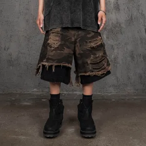 Double-Layered Shredded Camo Shorts