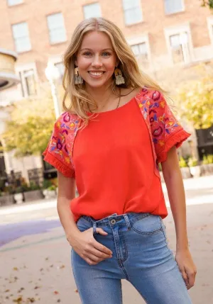 Embroidered Sleeve Frayed Ruffle Trim Top, Orange Red