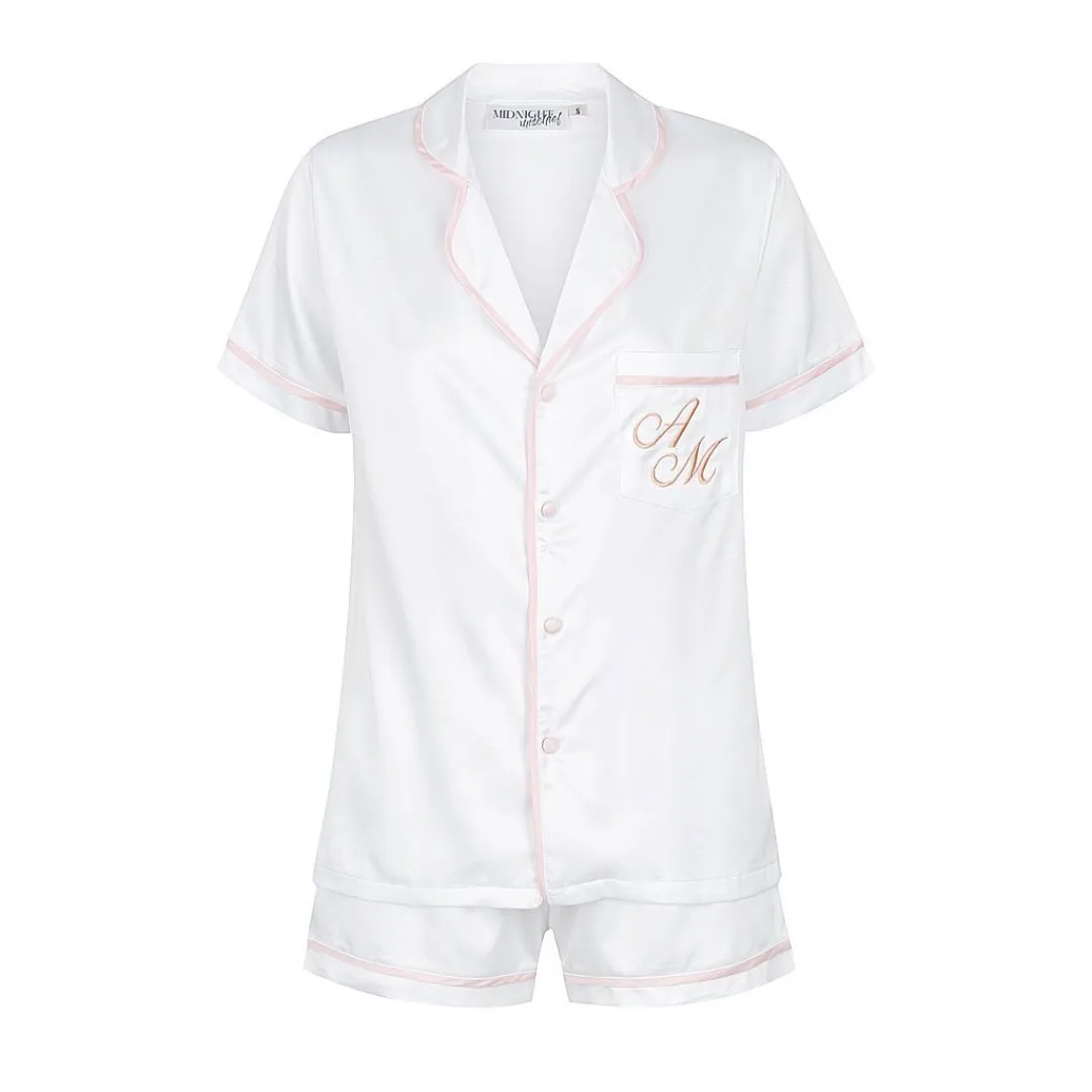 Kids Satin Personalised Pyjama Set - Short Sleeve White/Baby Pink