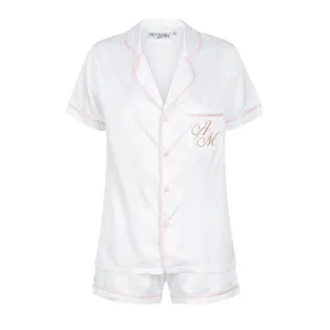 Kids Satin Personalised Pyjama Set - Short Sleeve White/Baby Pink