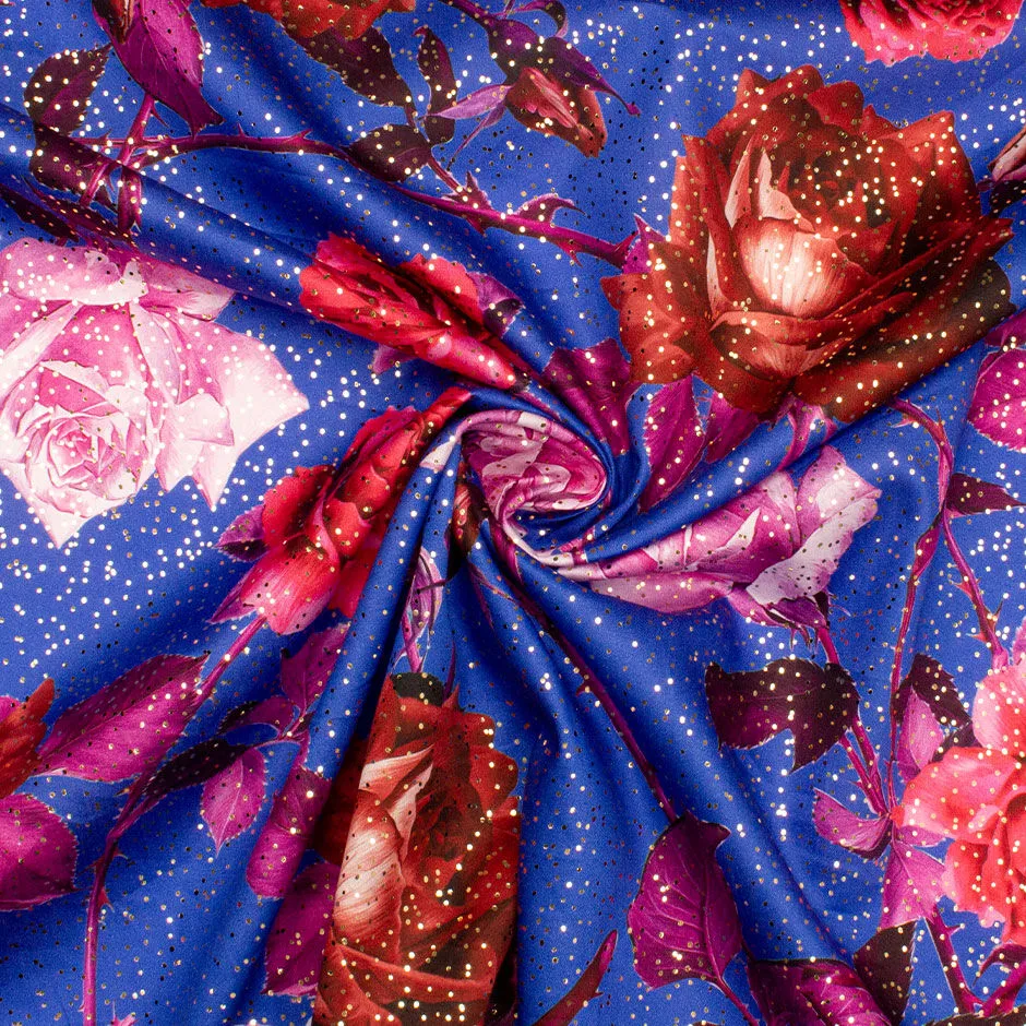 Large Rose Printed Royal Blue & Gold Spotted Cotton