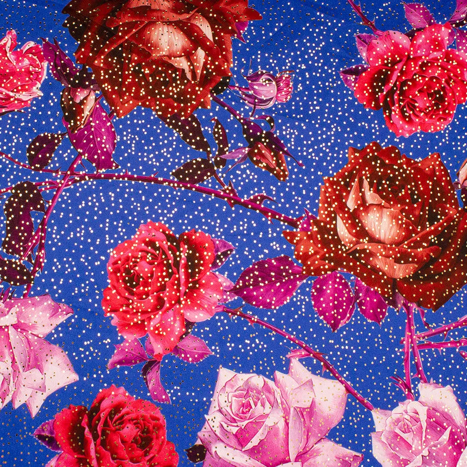 Large Rose Printed Royal Blue & Gold Spotted Cotton