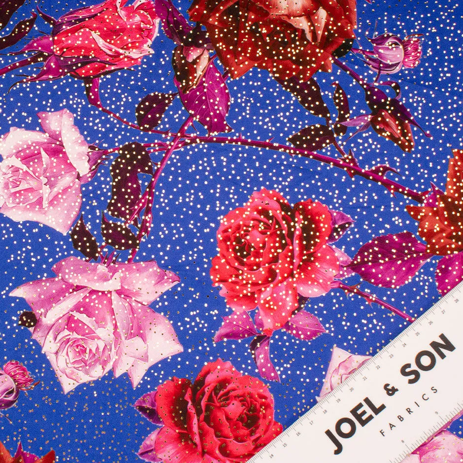 Large Rose Printed Royal Blue & Gold Spotted Cotton