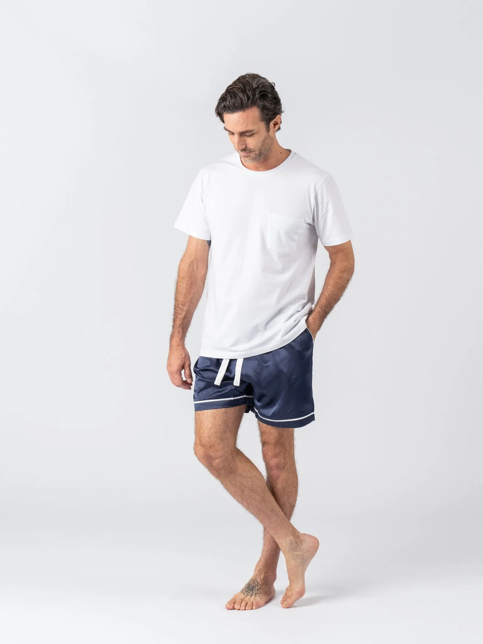 Men's Satin Personalised Pyjama Set - Cotton Shirt with Navy Shorts