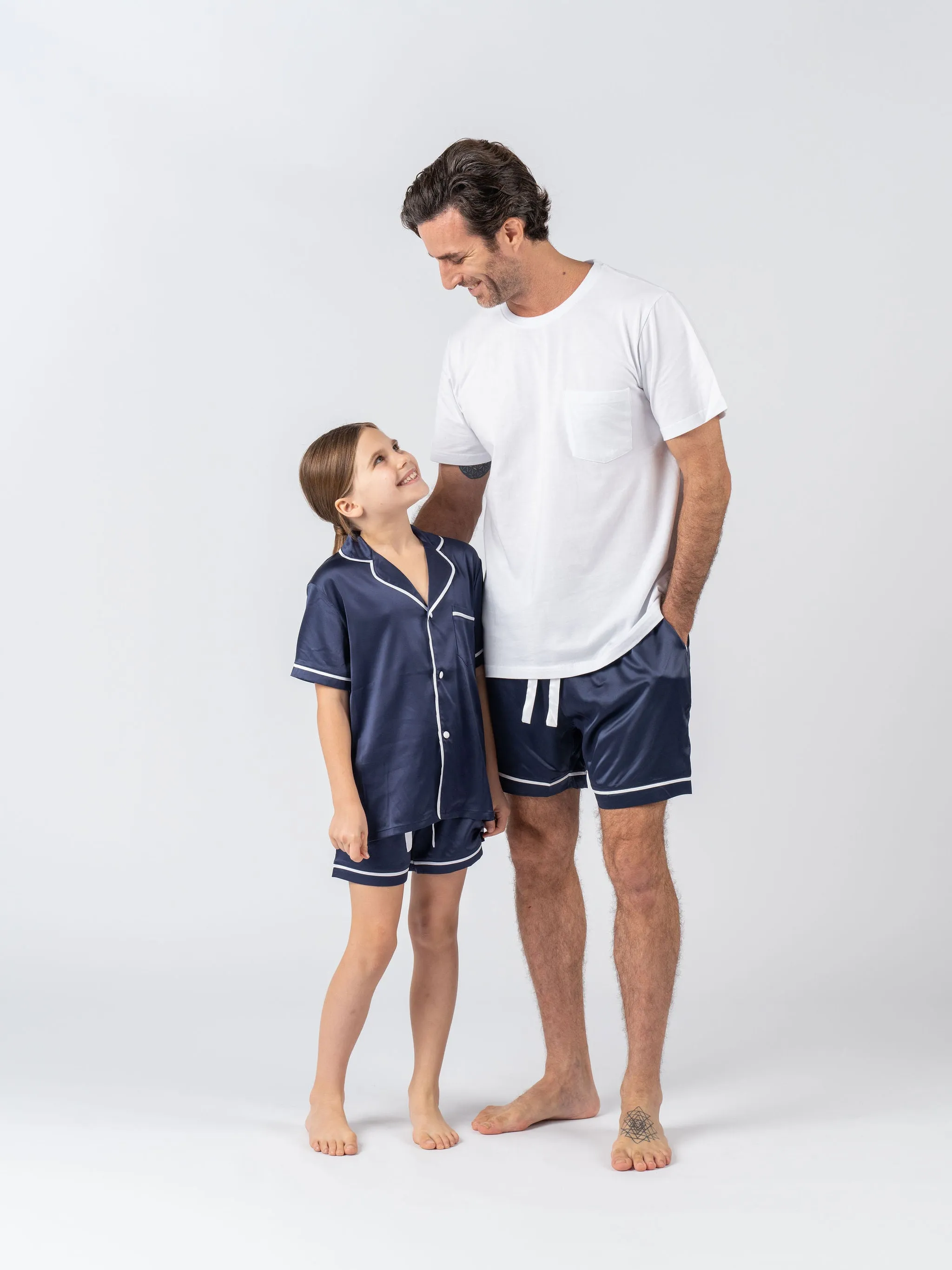 Men's Satin Personalised Pyjama Set - Cotton Shirt with Navy Shorts