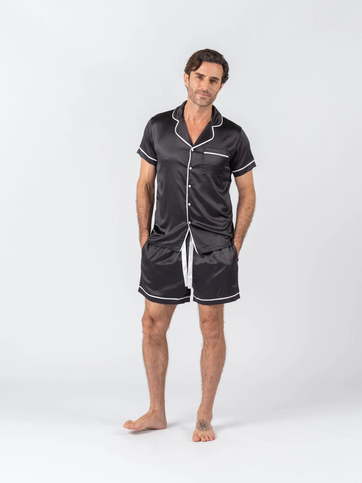 Men's Satin Personalised Pyjama Set - Short Sleeve Black/White