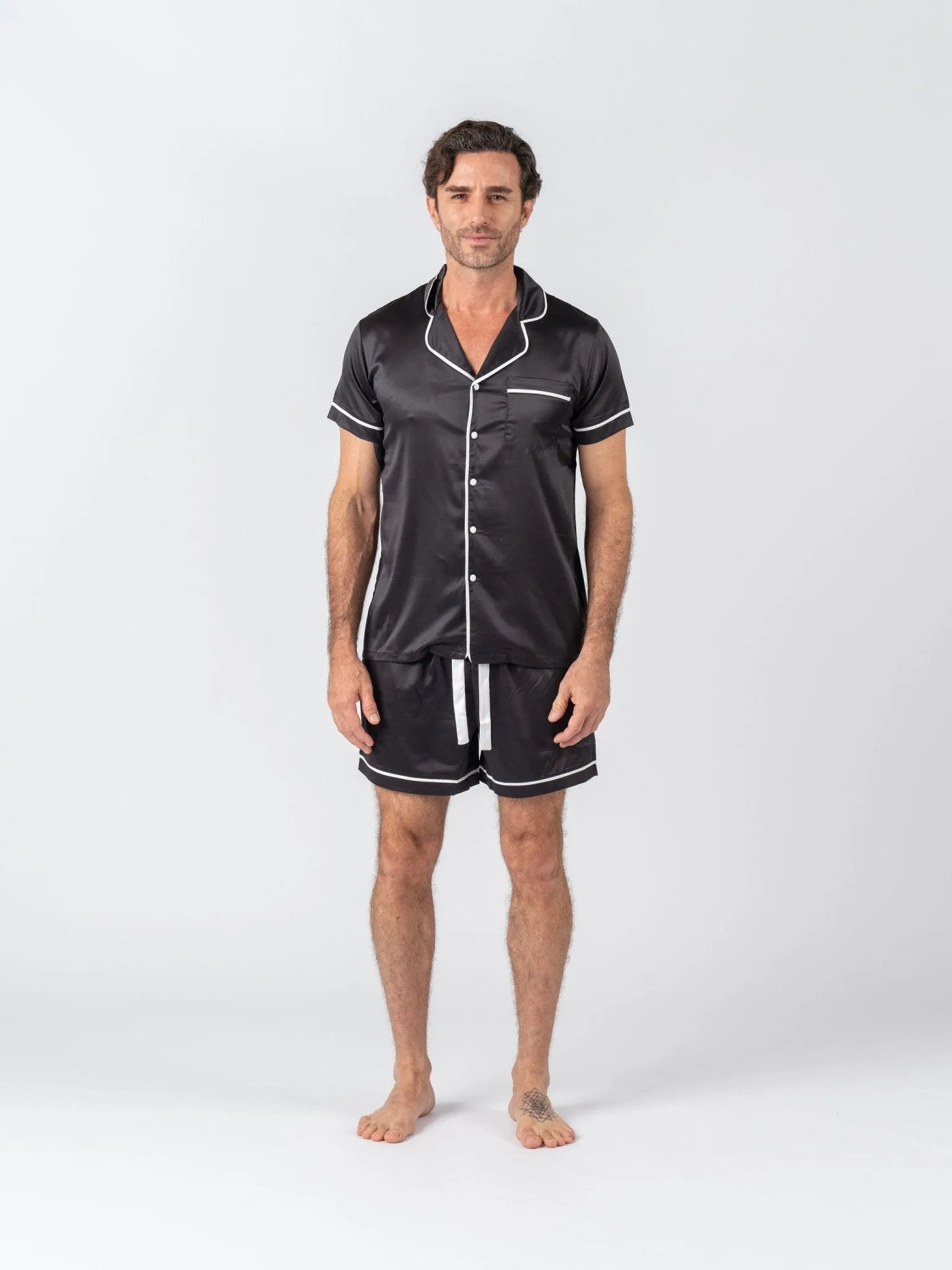 Men's Satin Personalised Pyjama Set - Short Sleeve Black/White