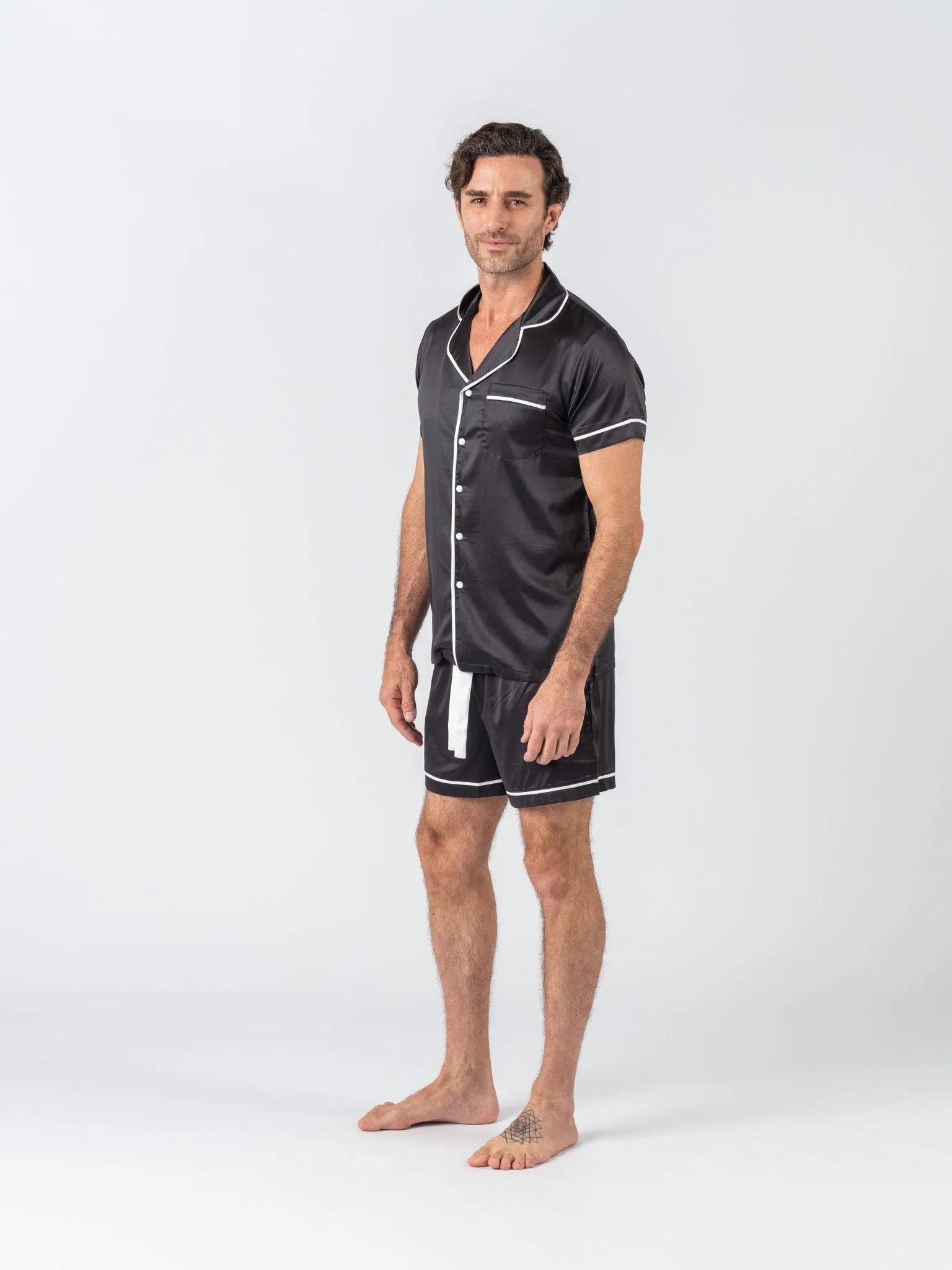 Men's Satin Personalised Pyjama Set - Short Sleeve Black/White