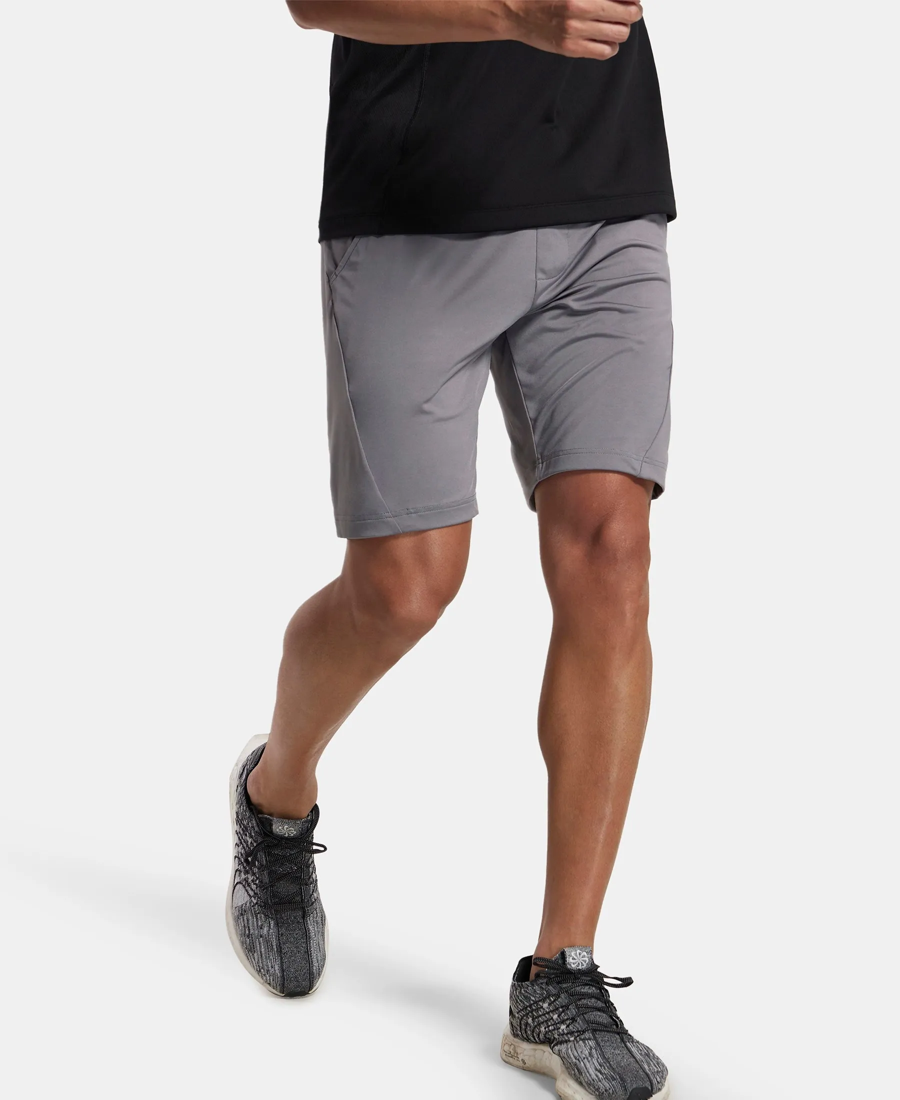 Microfiber Elastane Stretch Solid Shorts with Zipper Media Pocket and StayFresh Treatment - Performance Grey