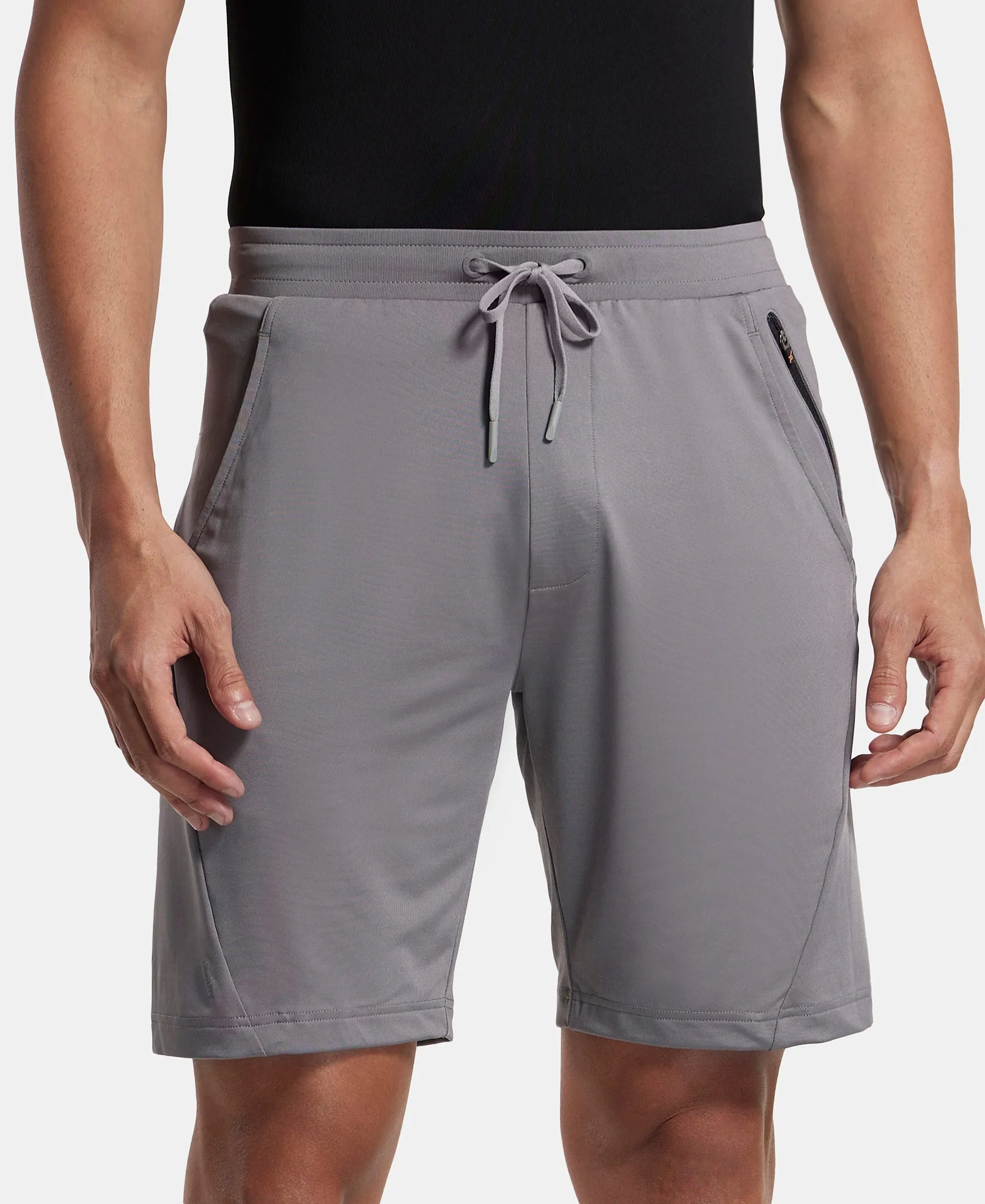 Microfiber Elastane Stretch Solid Shorts with Zipper Media Pocket and StayFresh Treatment - Performance Grey