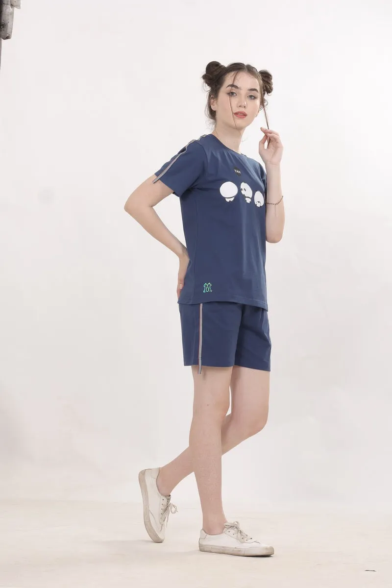 Navy Blue, Panda Print Nightwear With Shorts MX_SPS32