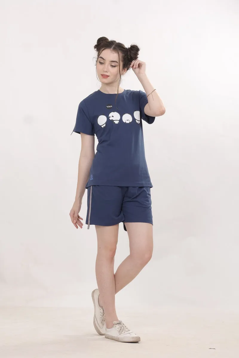 Navy Blue, Panda Print Nightwear With Shorts MX_SPS32