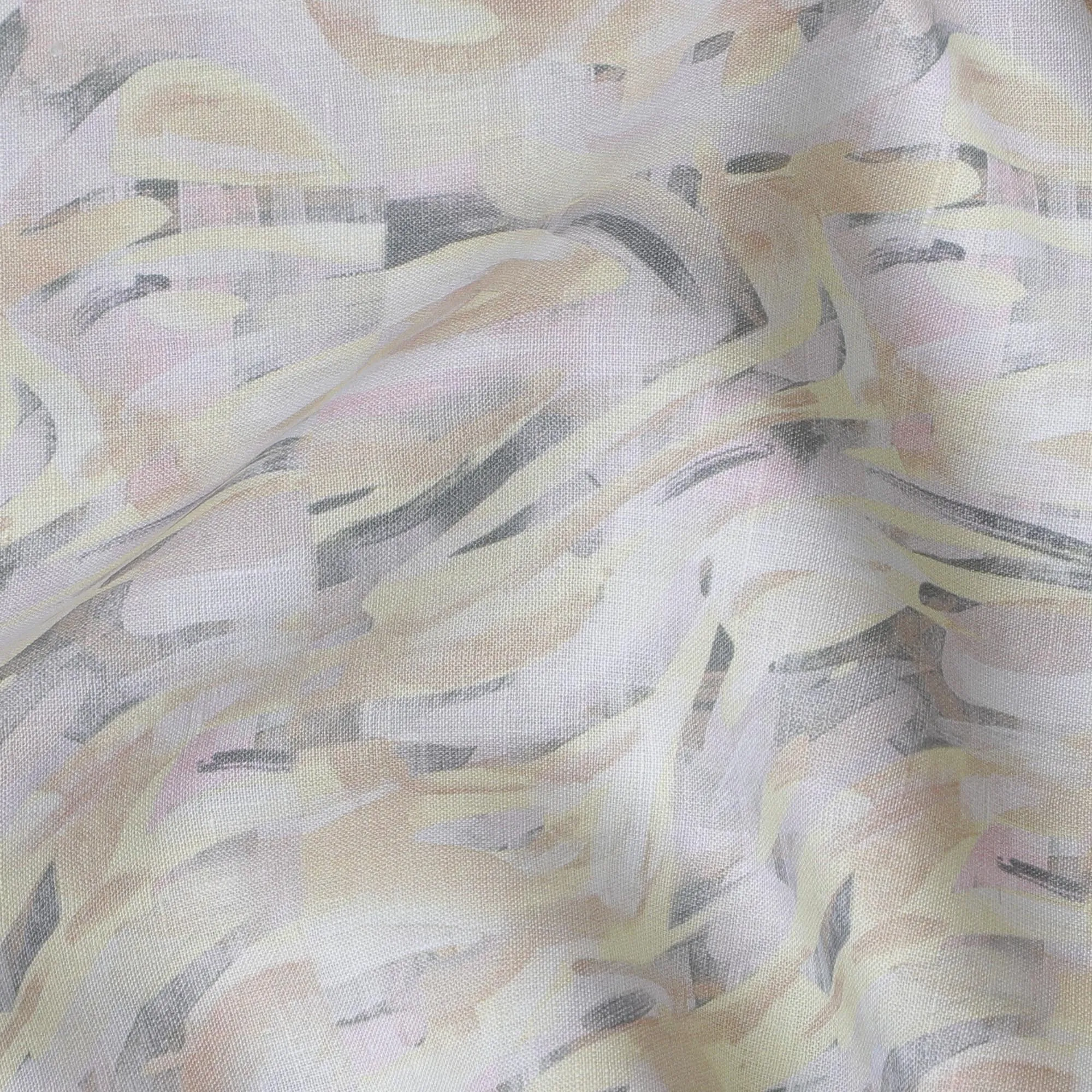 Pastel Yellow and Pink Abstract Print Pure Linen Fabric - 150 cm Width-D20003