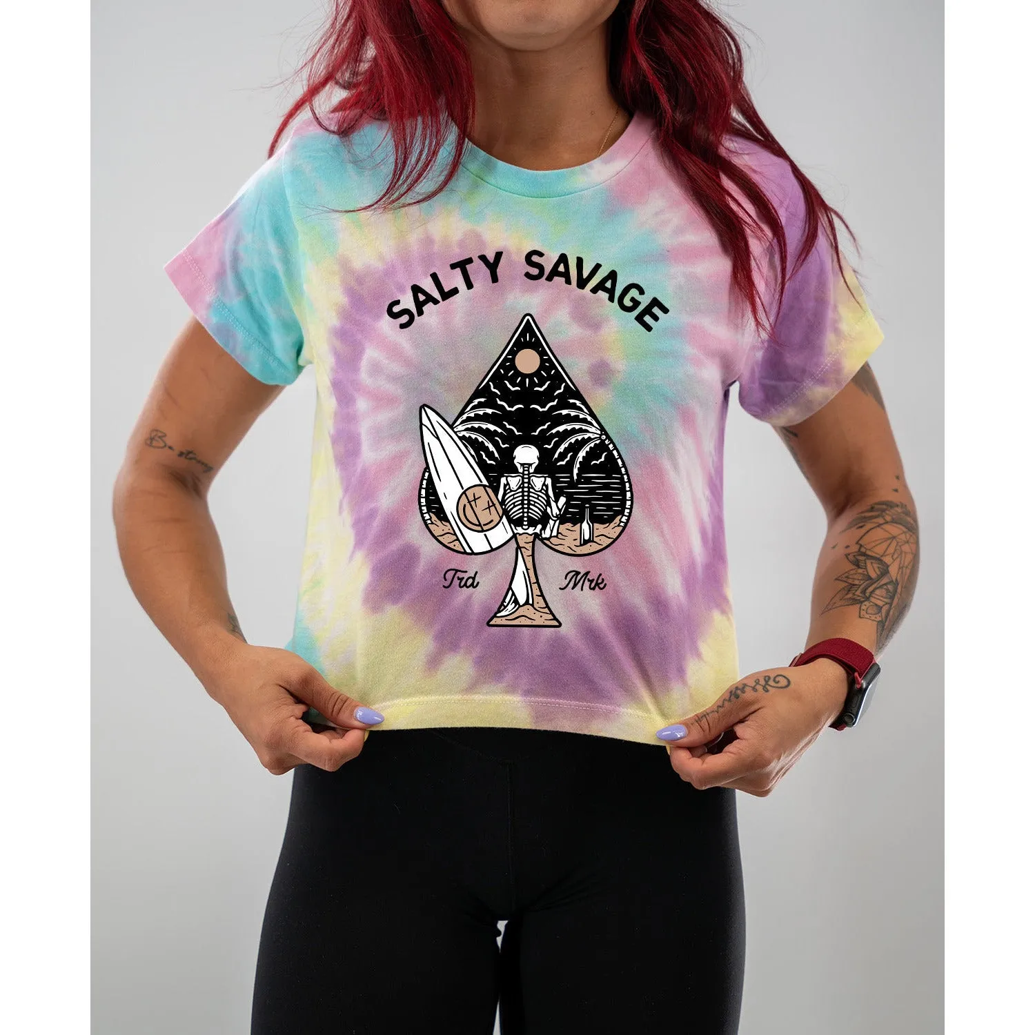 Salty Savage Ladies "Beach Spade" Spiral Tie Dye Crop Tee