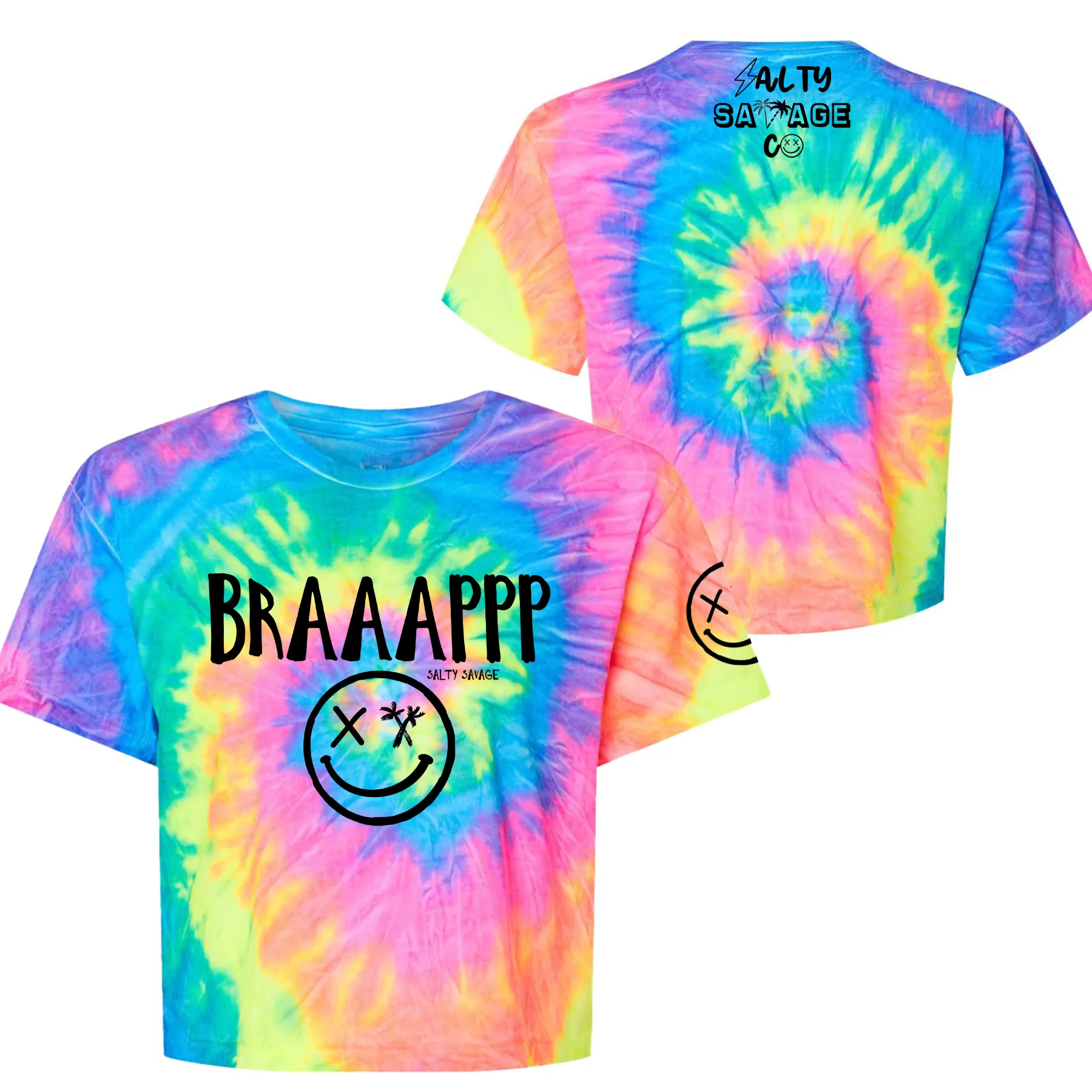 Salty Savage Ladies "BRAAAPPP" Spiral Tie Dye Crop Tee