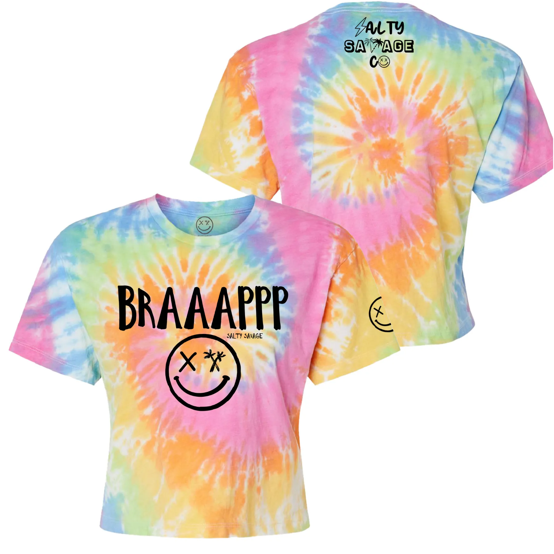 Salty Savage Ladies "BRAAAPPP" Spiral Tie Dye Crop Tee