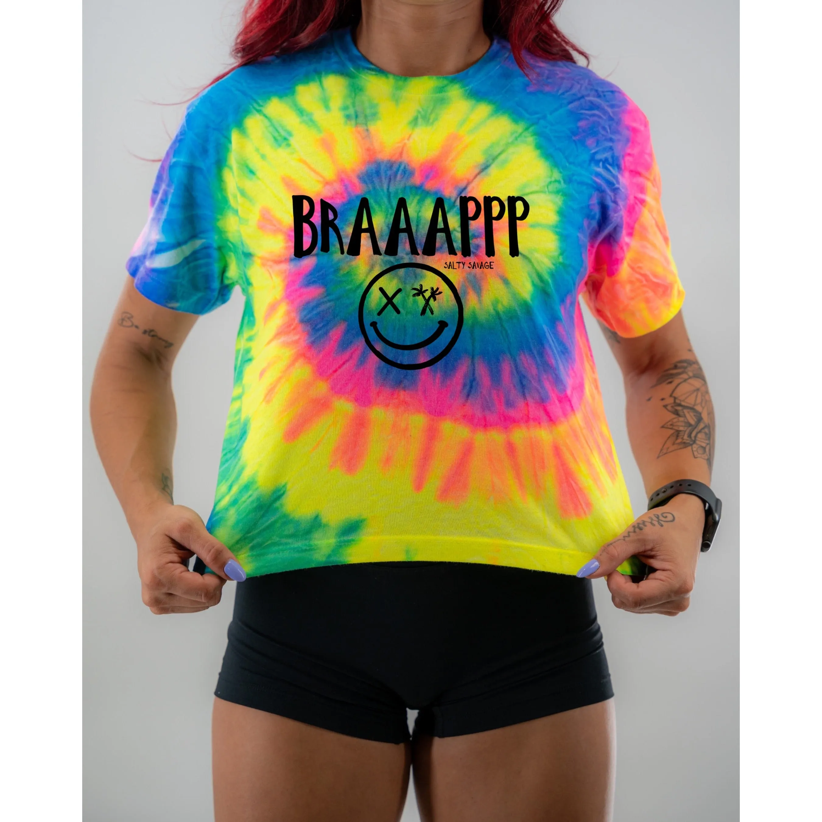 Salty Savage Ladies "BRAAAPPP" Spiral Tie Dye Crop Tee