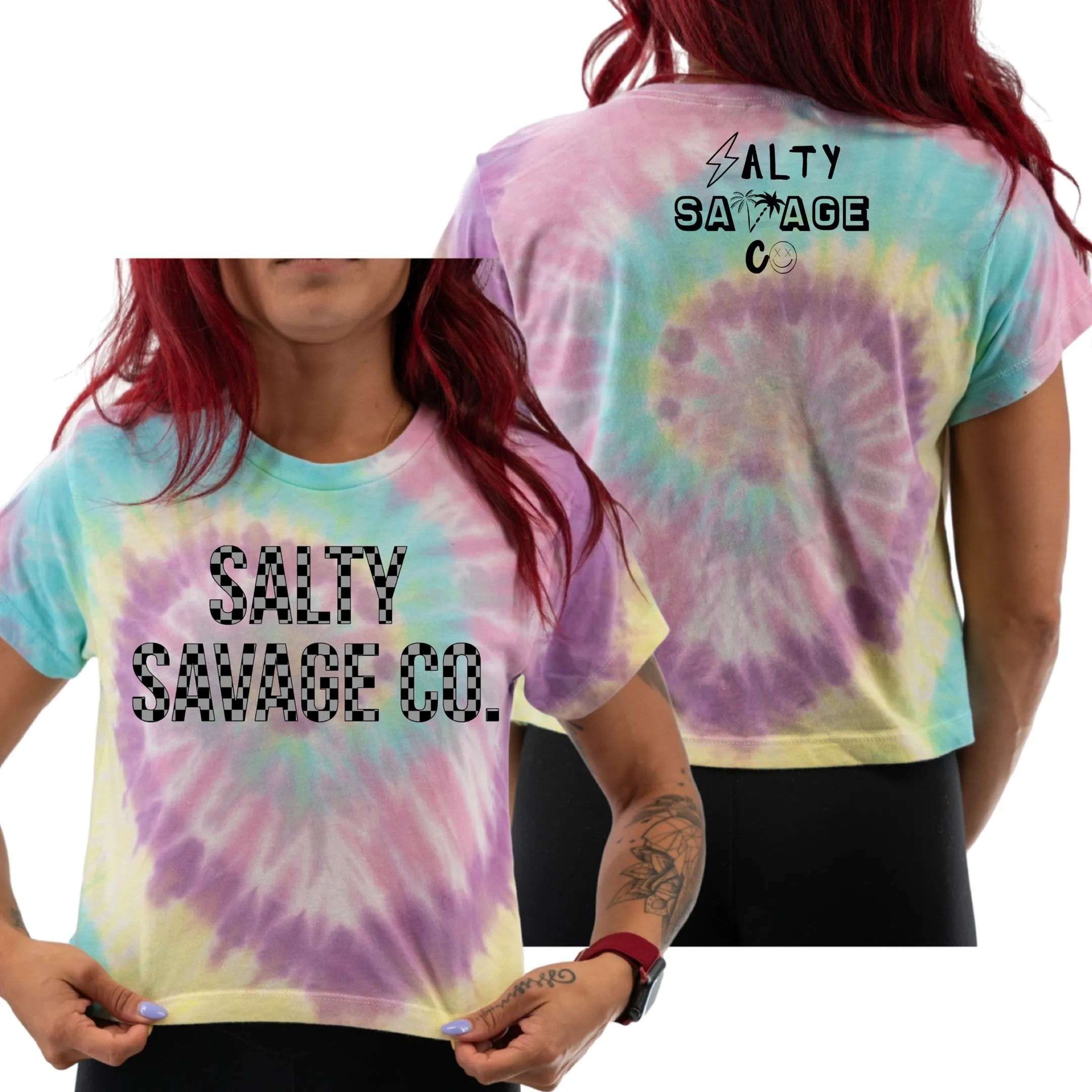 Salty Savage Ladies "Checkered Logo" Spiral Tie Dye Crop Tee