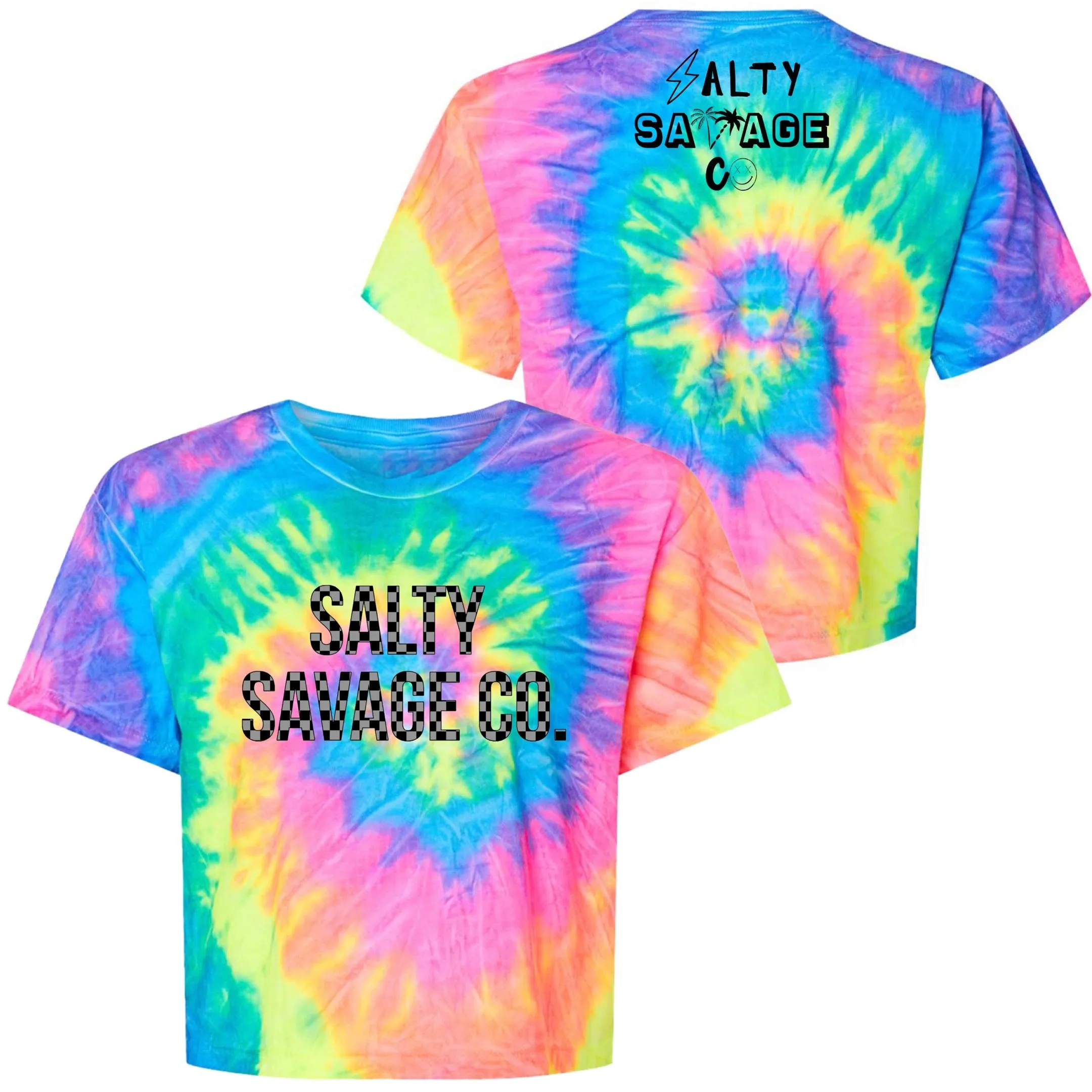 Salty Savage Ladies "Checkered Logo" Spiral Tie Dye Crop Tee