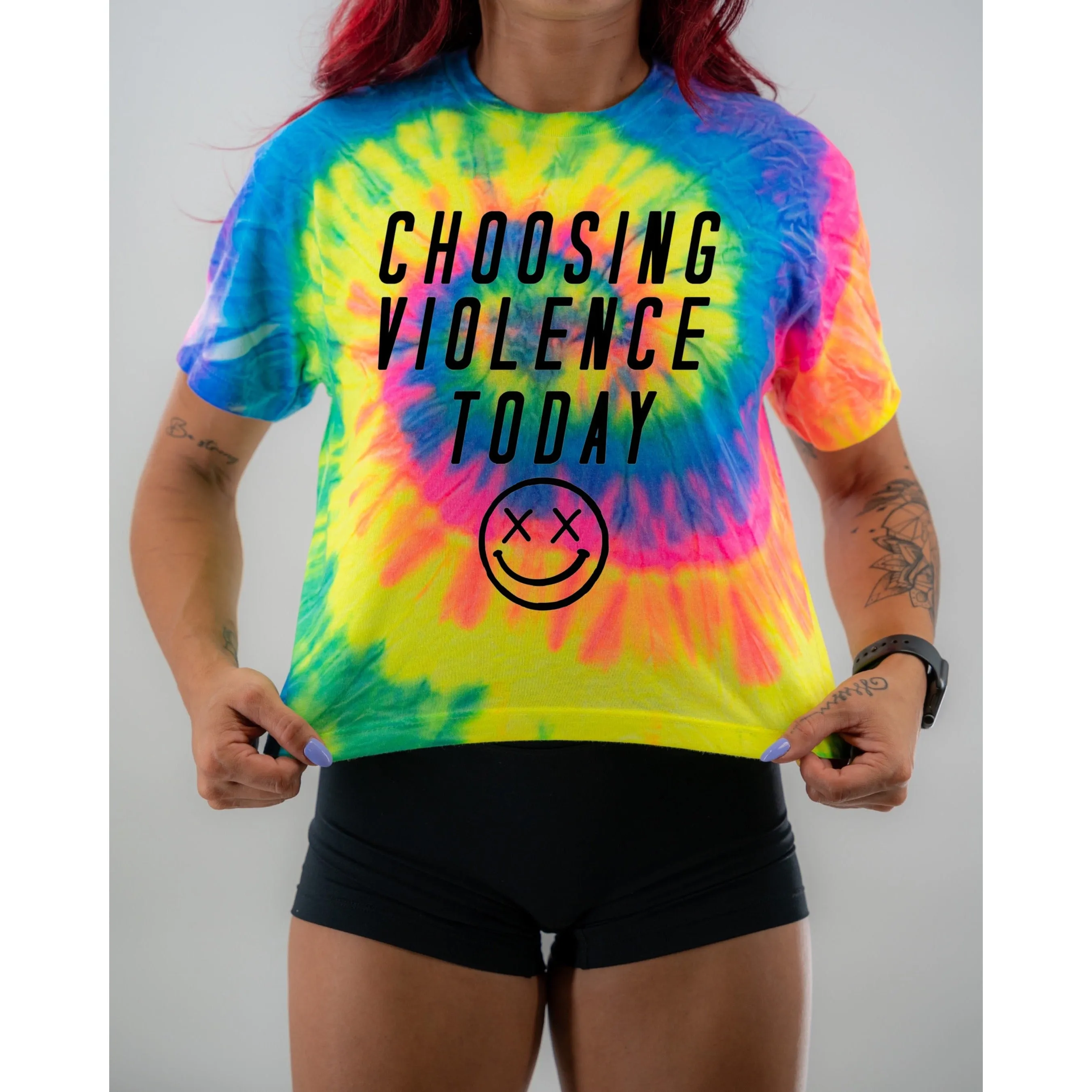 Salty Savage Ladies "Choosing Violence Today" Spiral Tie Dye Crop Tee