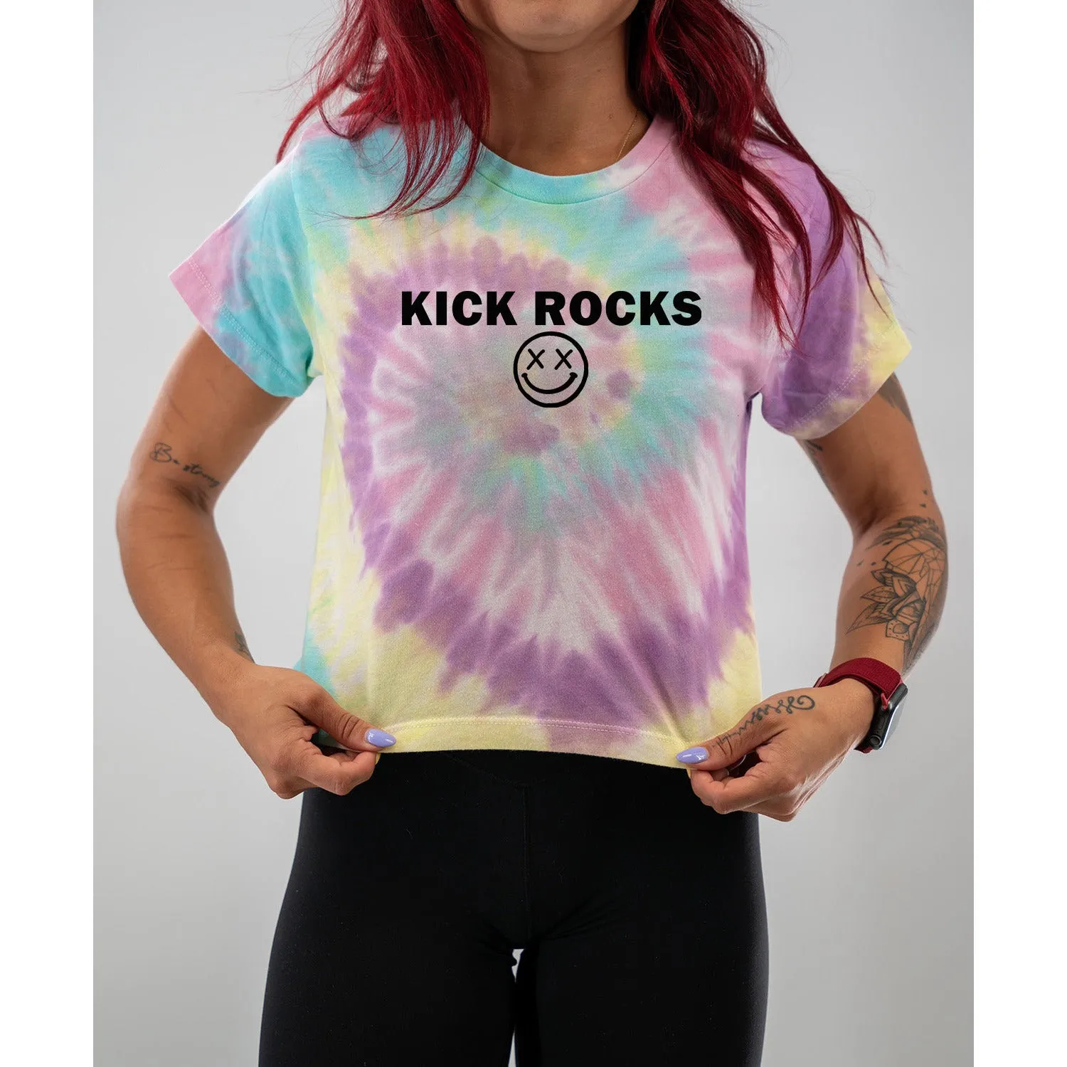 Salty Savage Ladies "KICK ROCKS" Spiral Tie Dye Crop Tee