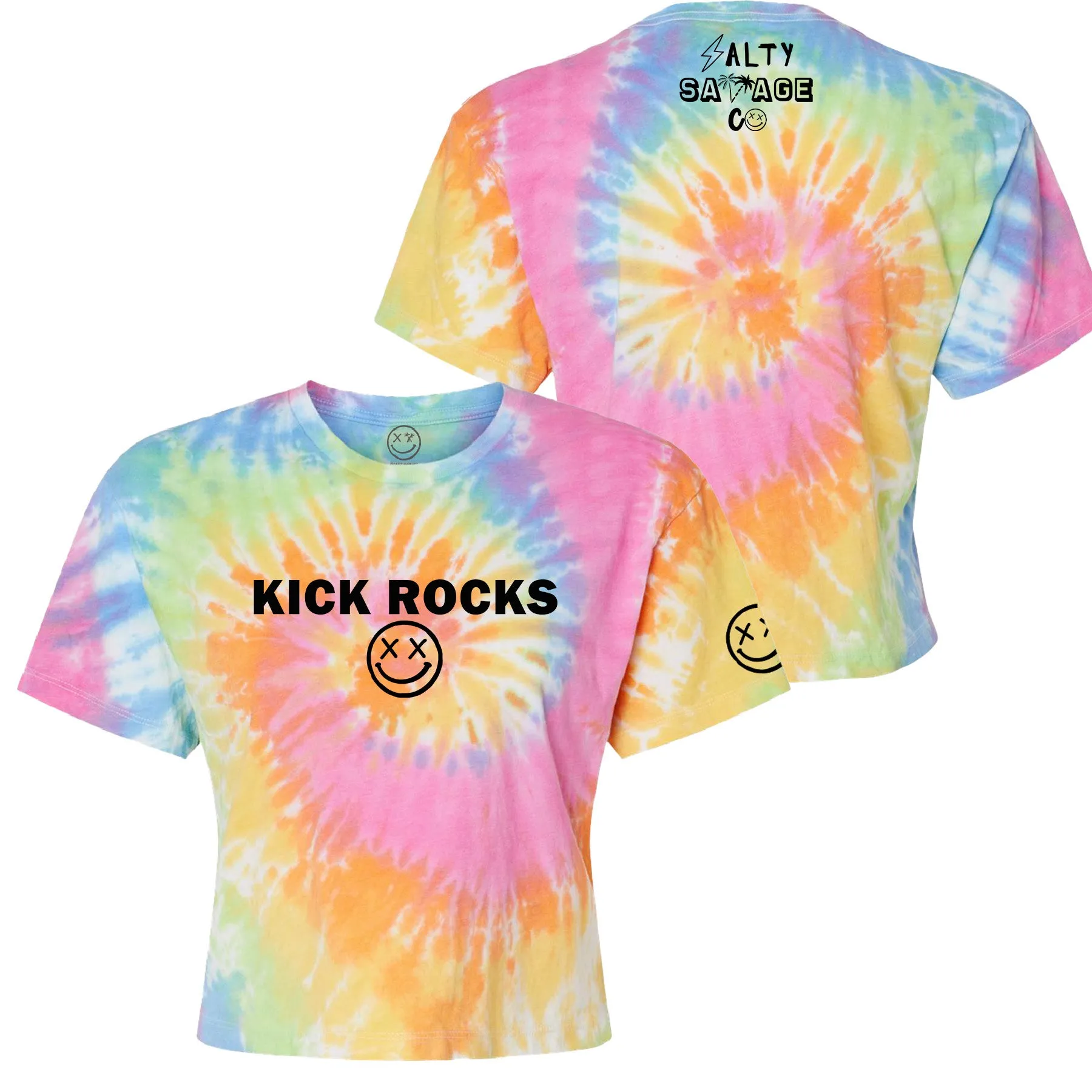 Salty Savage Ladies "KICK ROCKS" Spiral Tie Dye Crop Tee