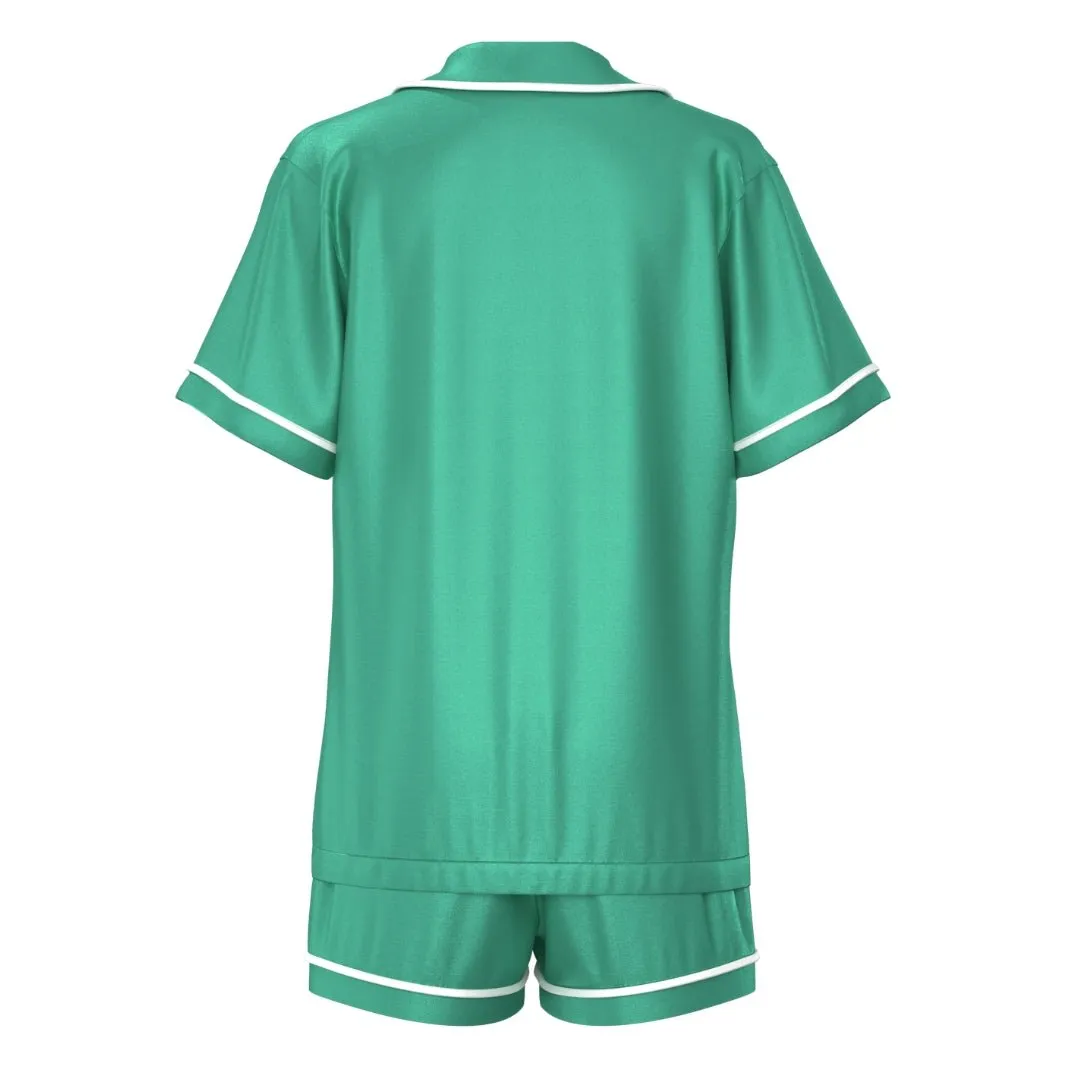 Satin Personalised Pyjama Set - Short Sleeve Emerald Green/White