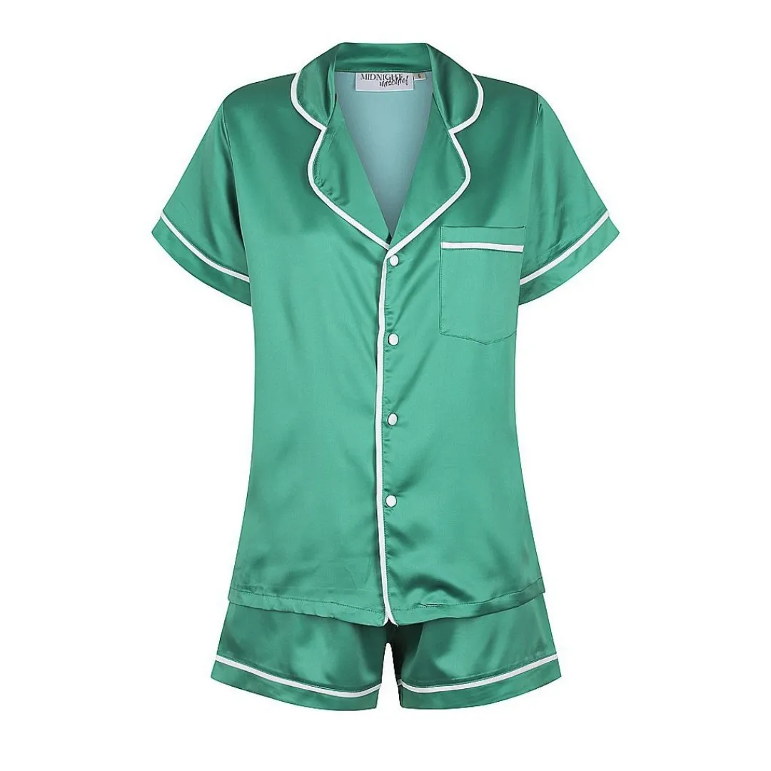 Satin Personalised Pyjama Set - Short Sleeve Emerald Green/White