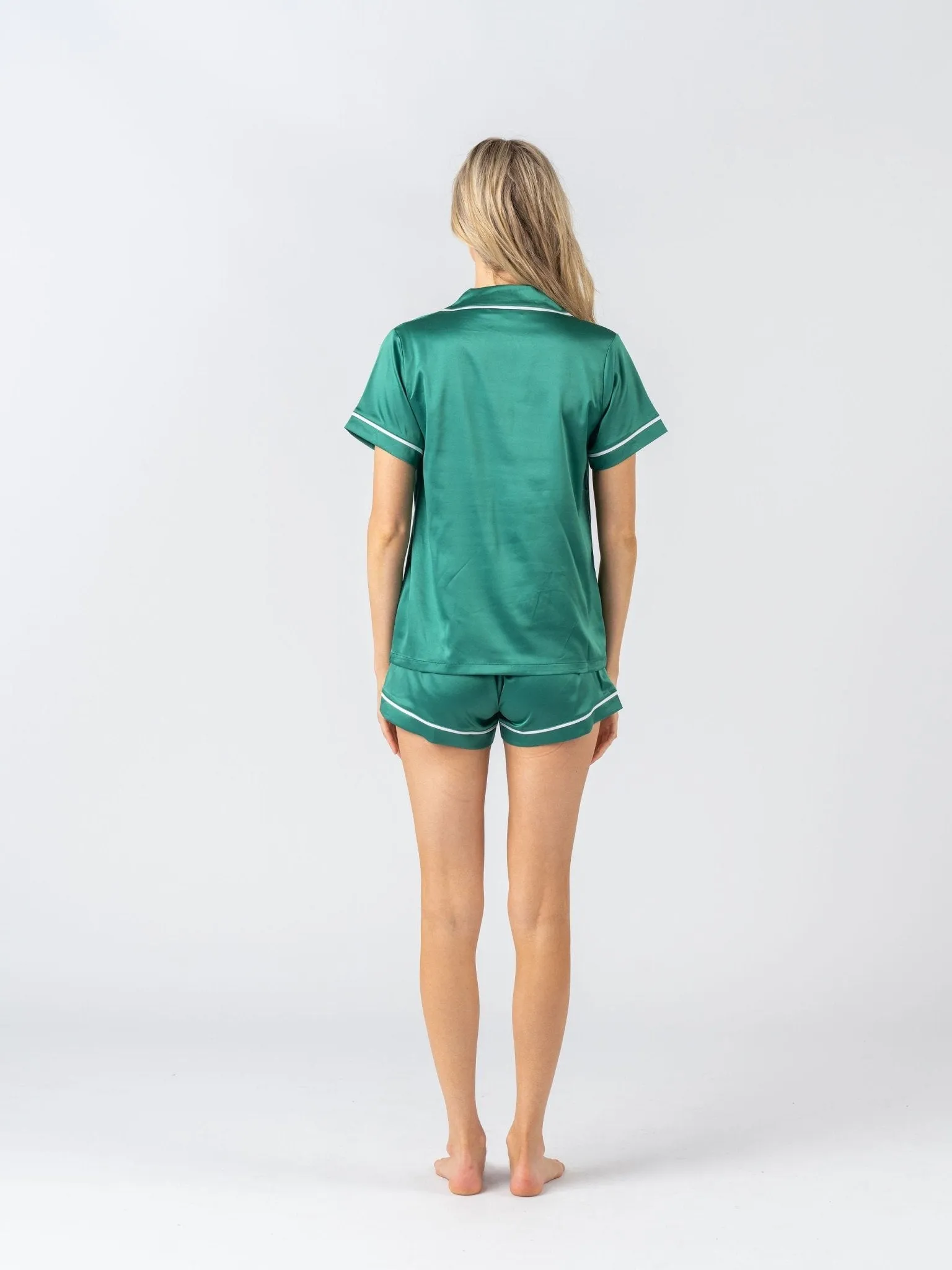 Satin Personalised Pyjama Set - Short Sleeve Emerald Green/White