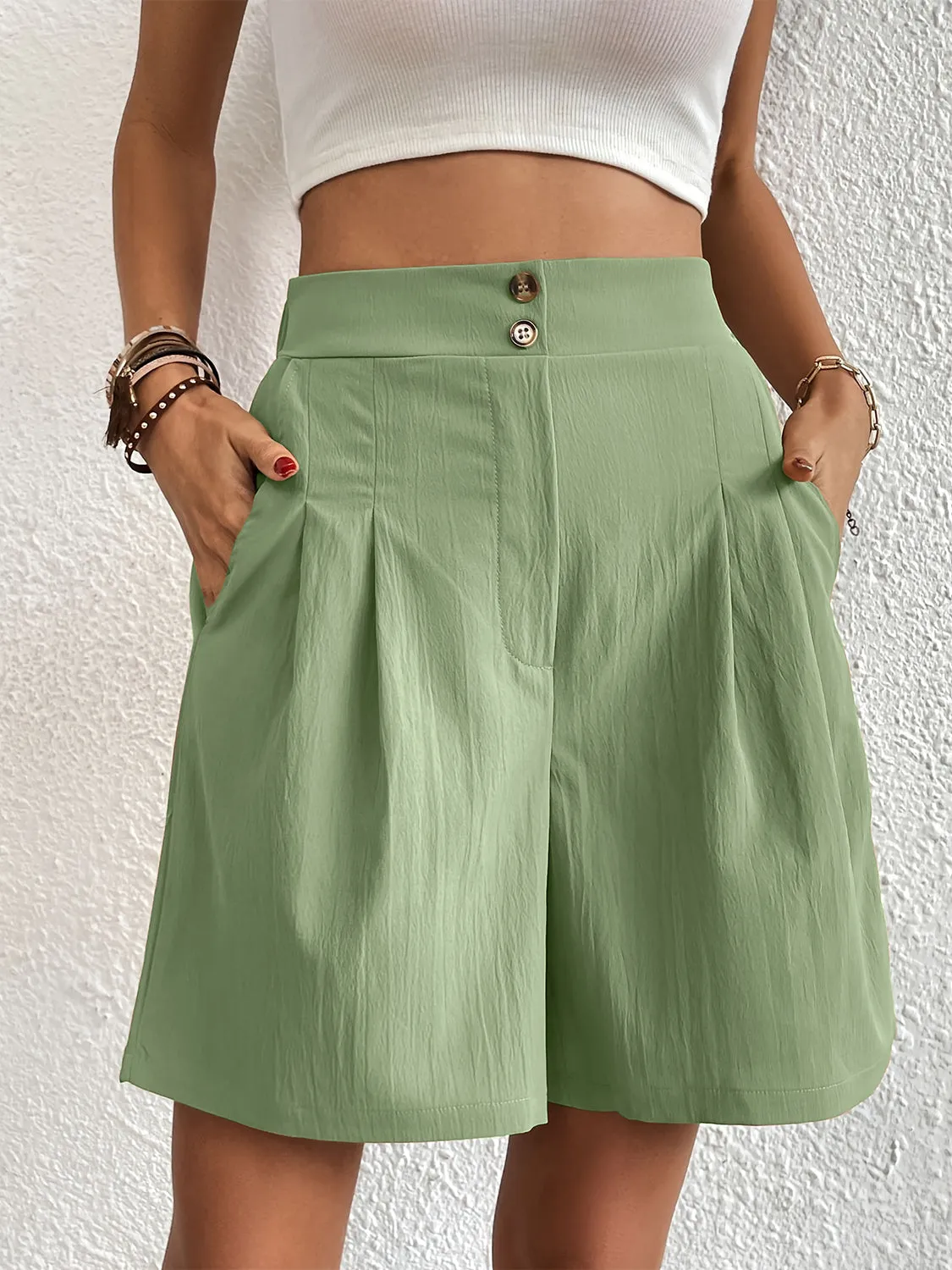 TEEK - Pocketed Half Elastic Waist Shorts