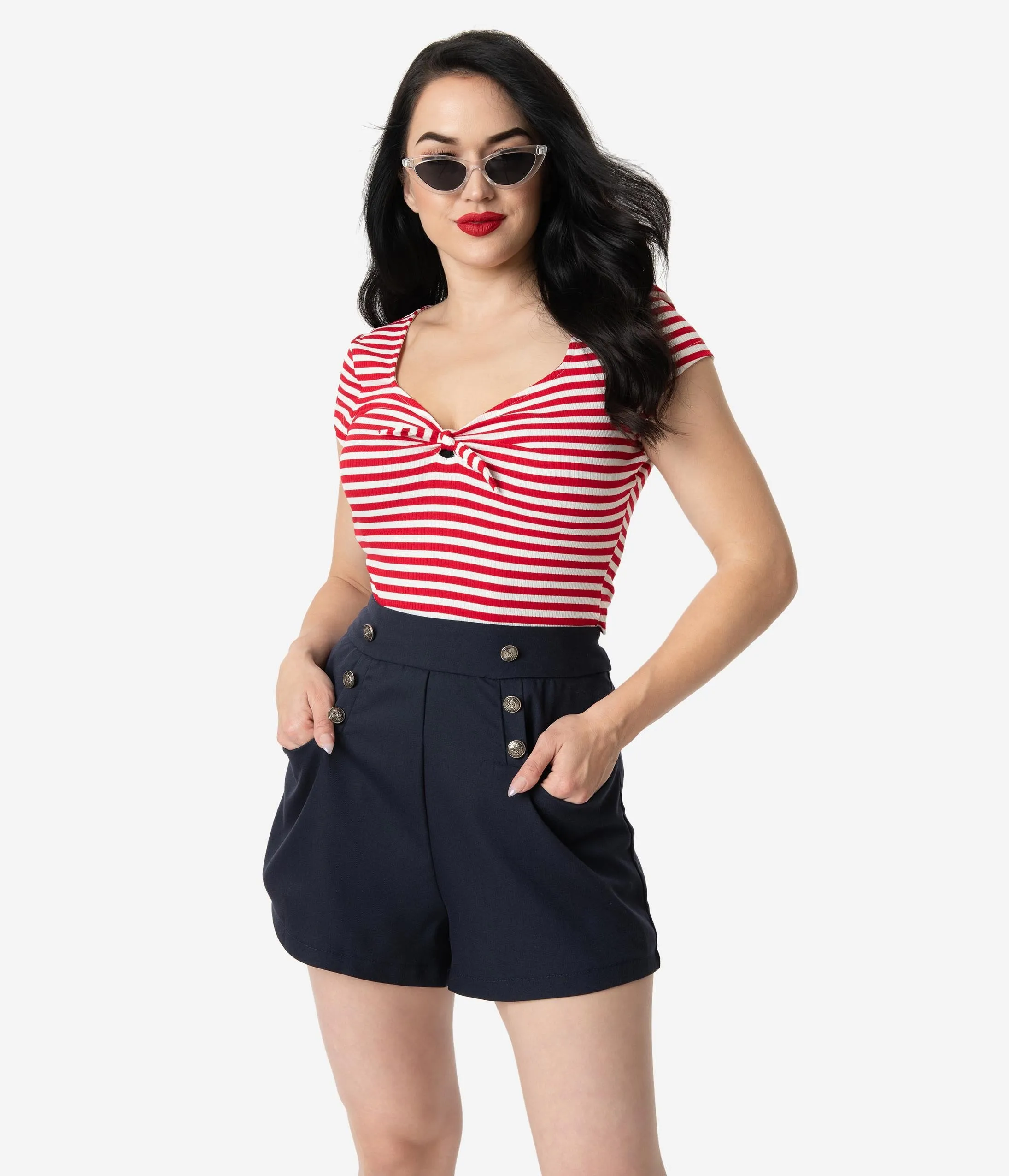 Unique Vintage 1940s Style Navy Blue High Waist Sailor Debbie Shorts