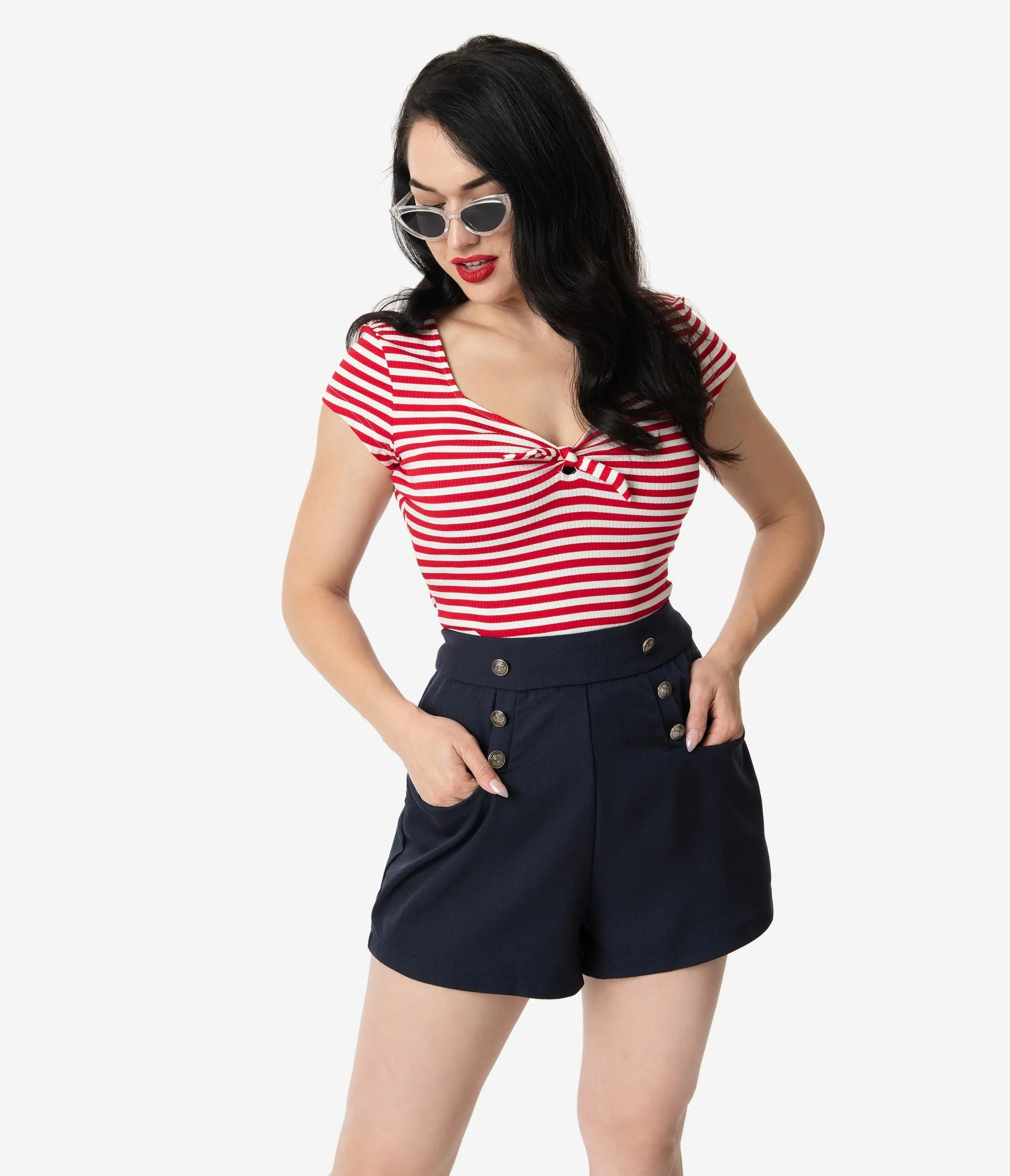 Unique Vintage 1940s Style Navy Blue High Waist Sailor Debbie Shorts